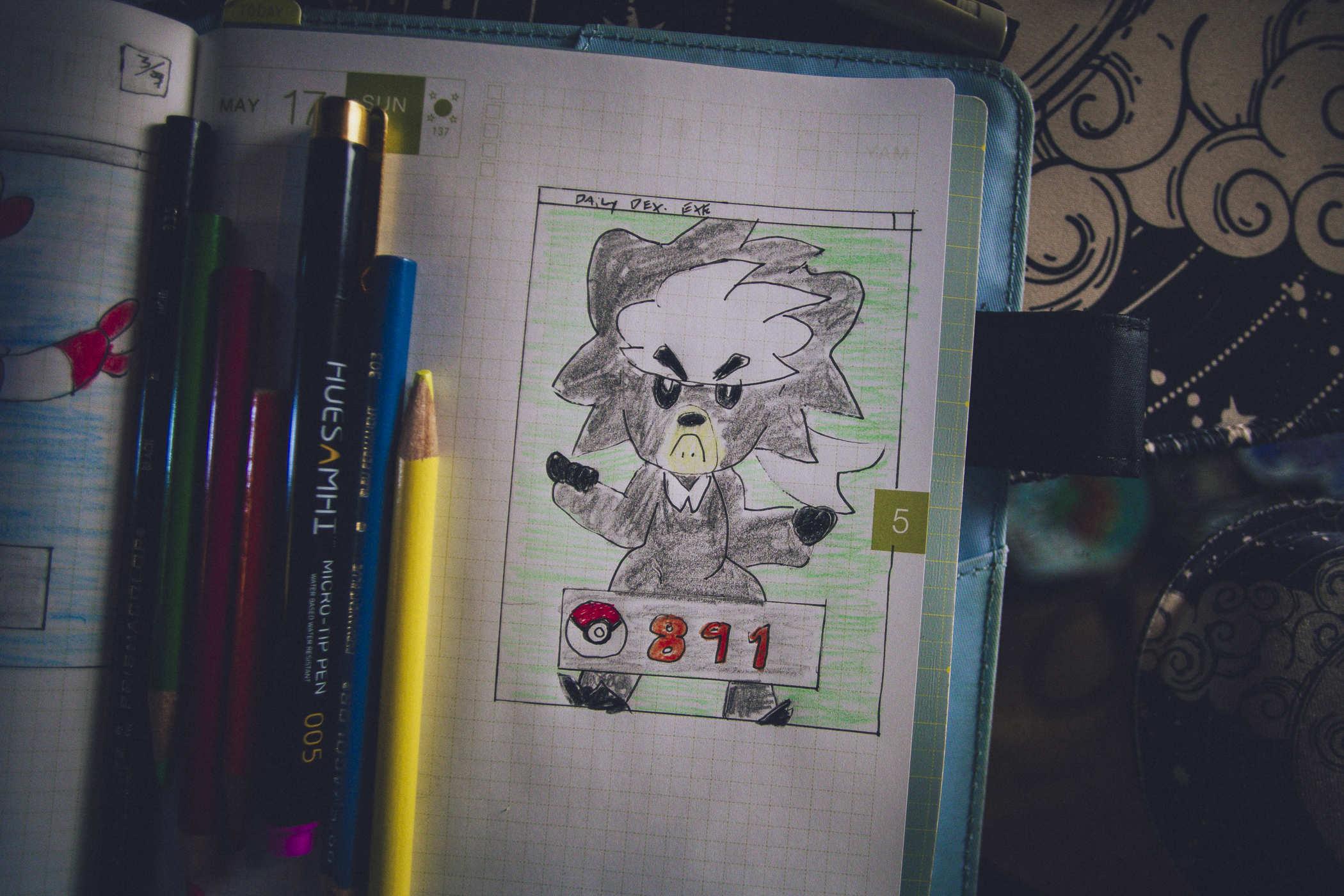 Drawing of pokemon 891; a koala with ridiculously large 80's hair in an unidentified martial arts stance