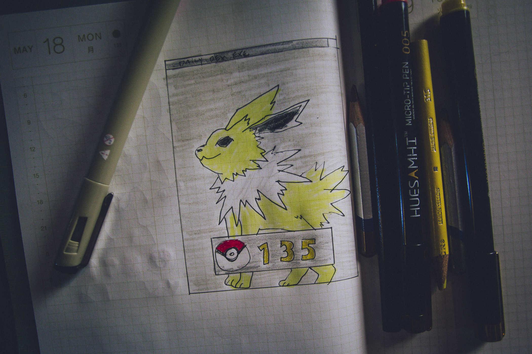 Drawing of pokemon 135; a dog cat rabbit creature that's mostly yellow and has lightning like accents in its fur