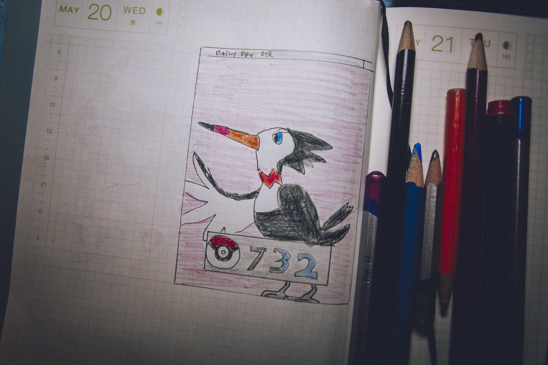 Drawing of pokemon 732 - a black bird with a white chest and red/orange beak