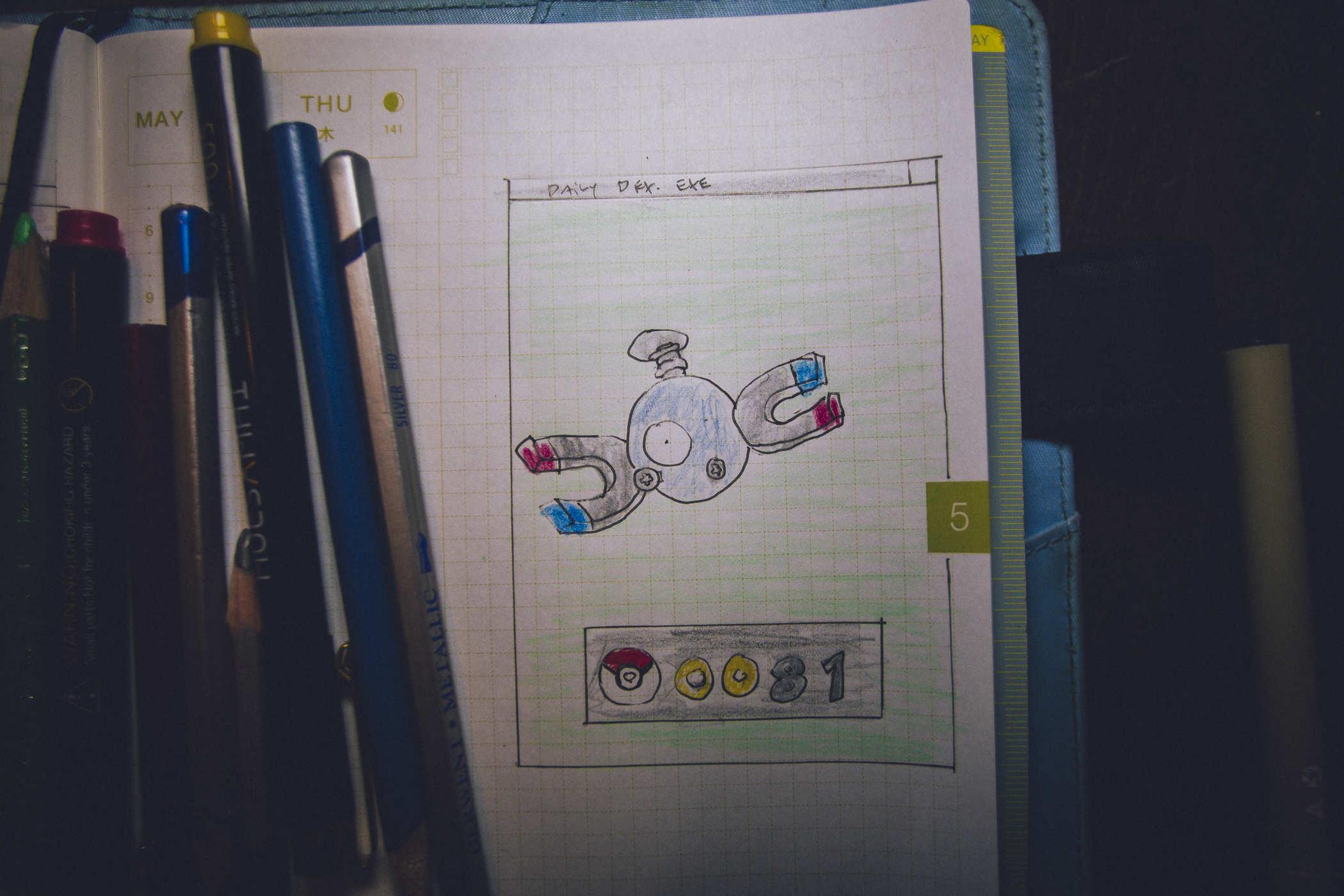 Drawing of pokemon 0081 - a metal orb with a single eye and magnets for wing-like appendages