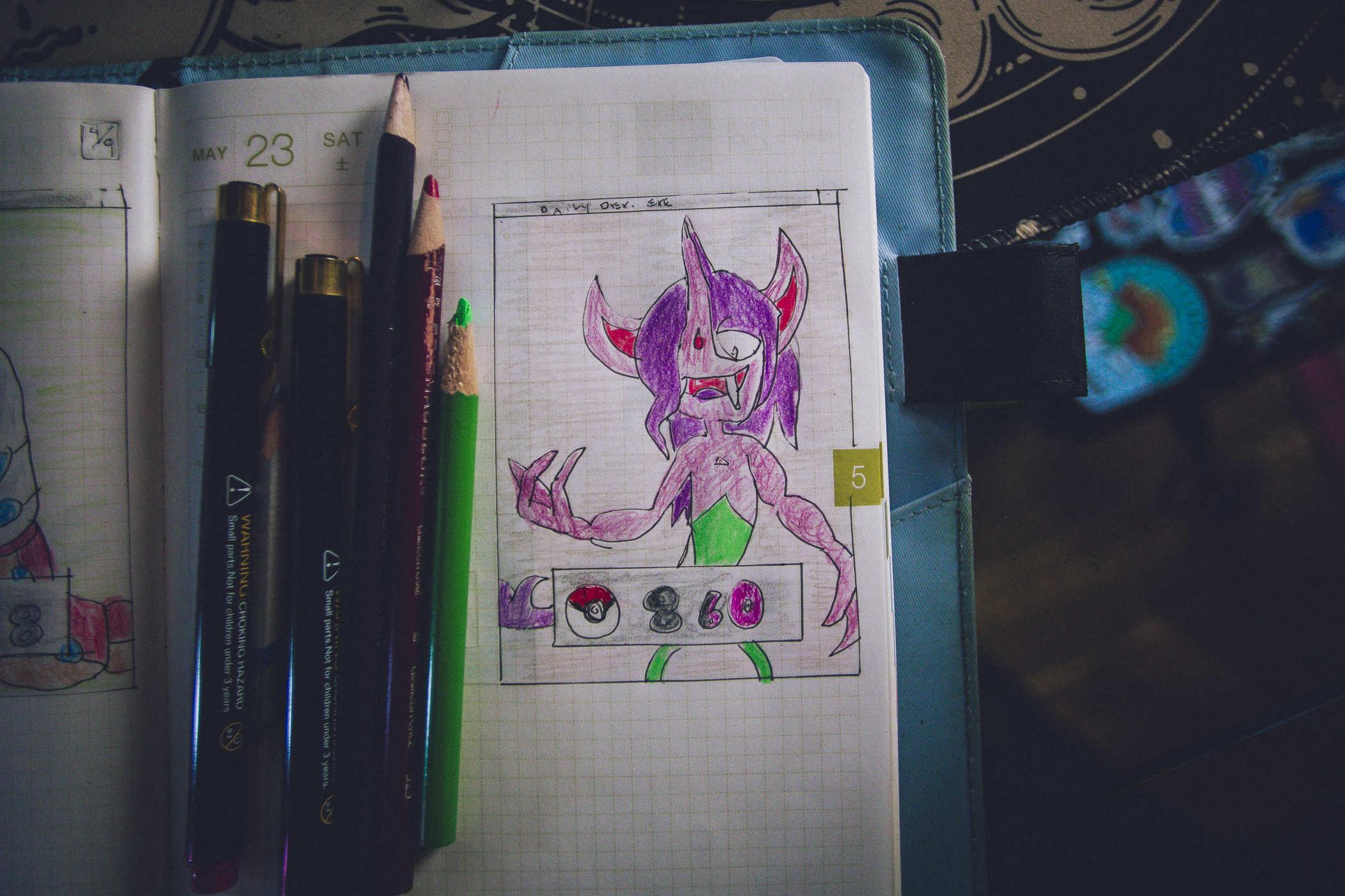 Drawing of pokemon 860; a small gremlin-like creature with anime villain hair