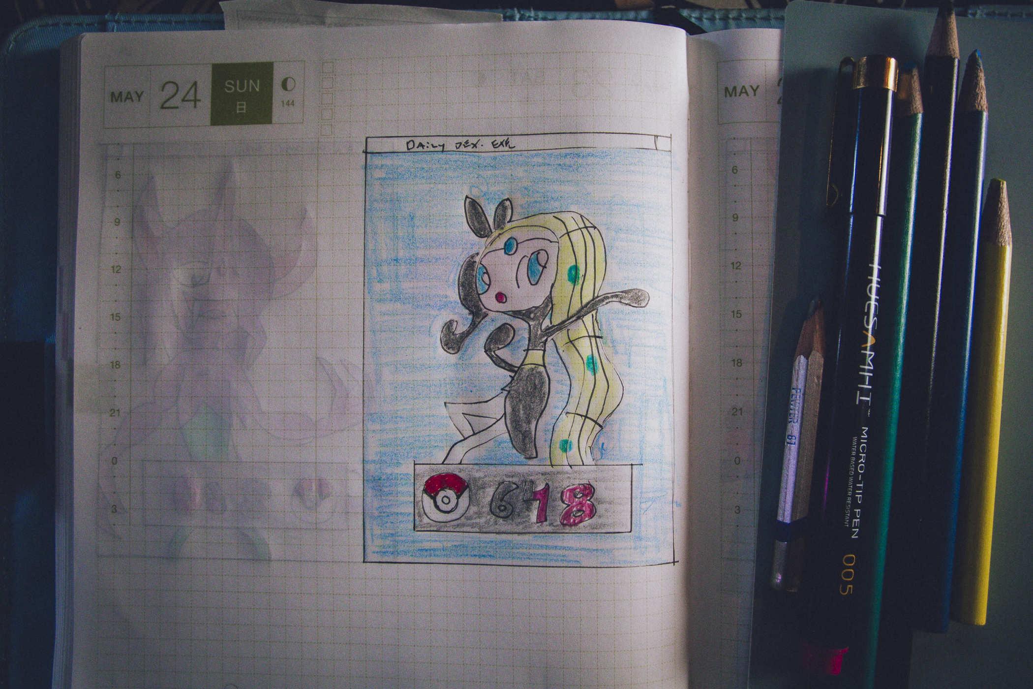 Drawing of pokemon 618; a sentient music note with sheet music hair