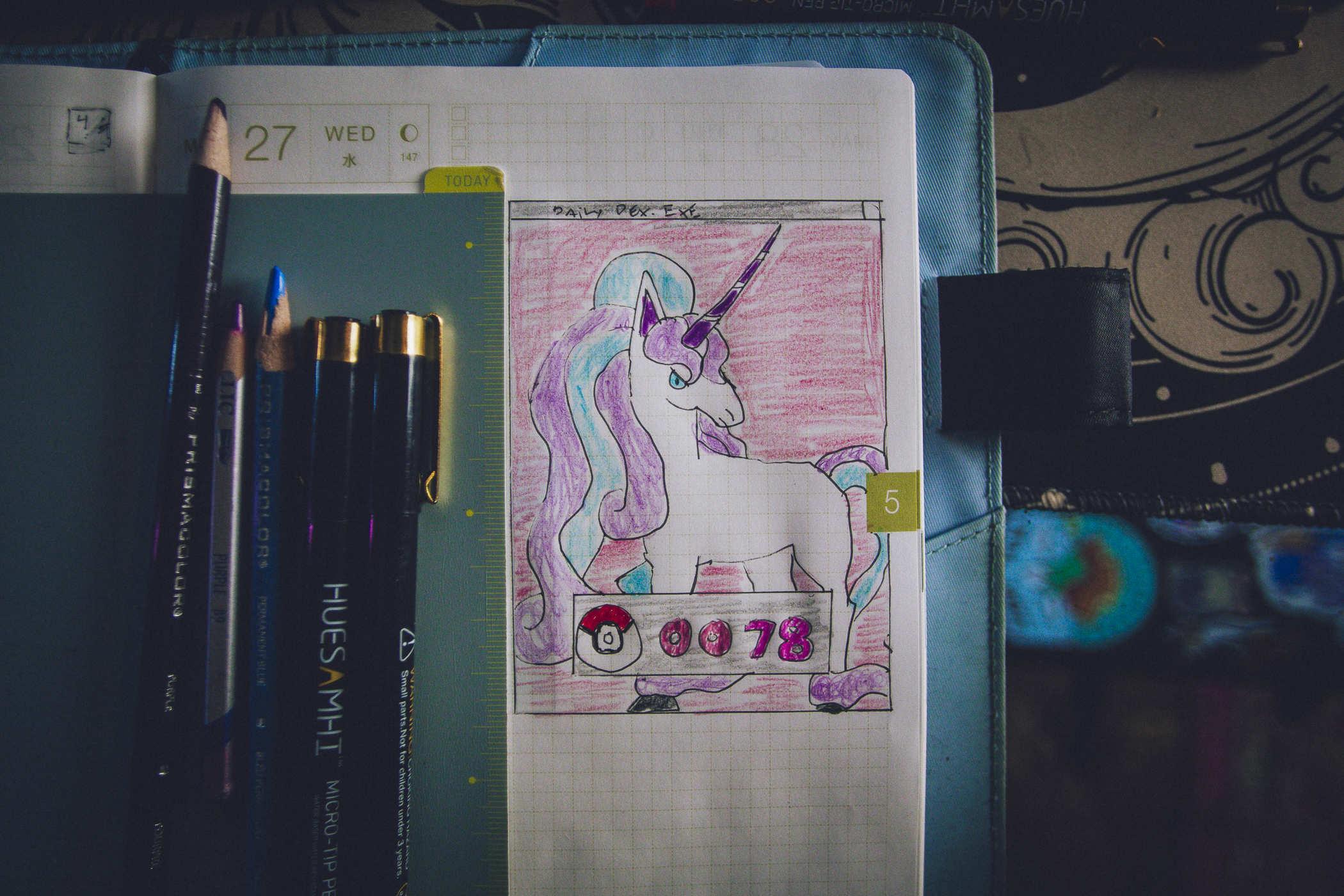 Drawing of the Galarian version of pokemon 0078; a unicorn with purple and blue hair