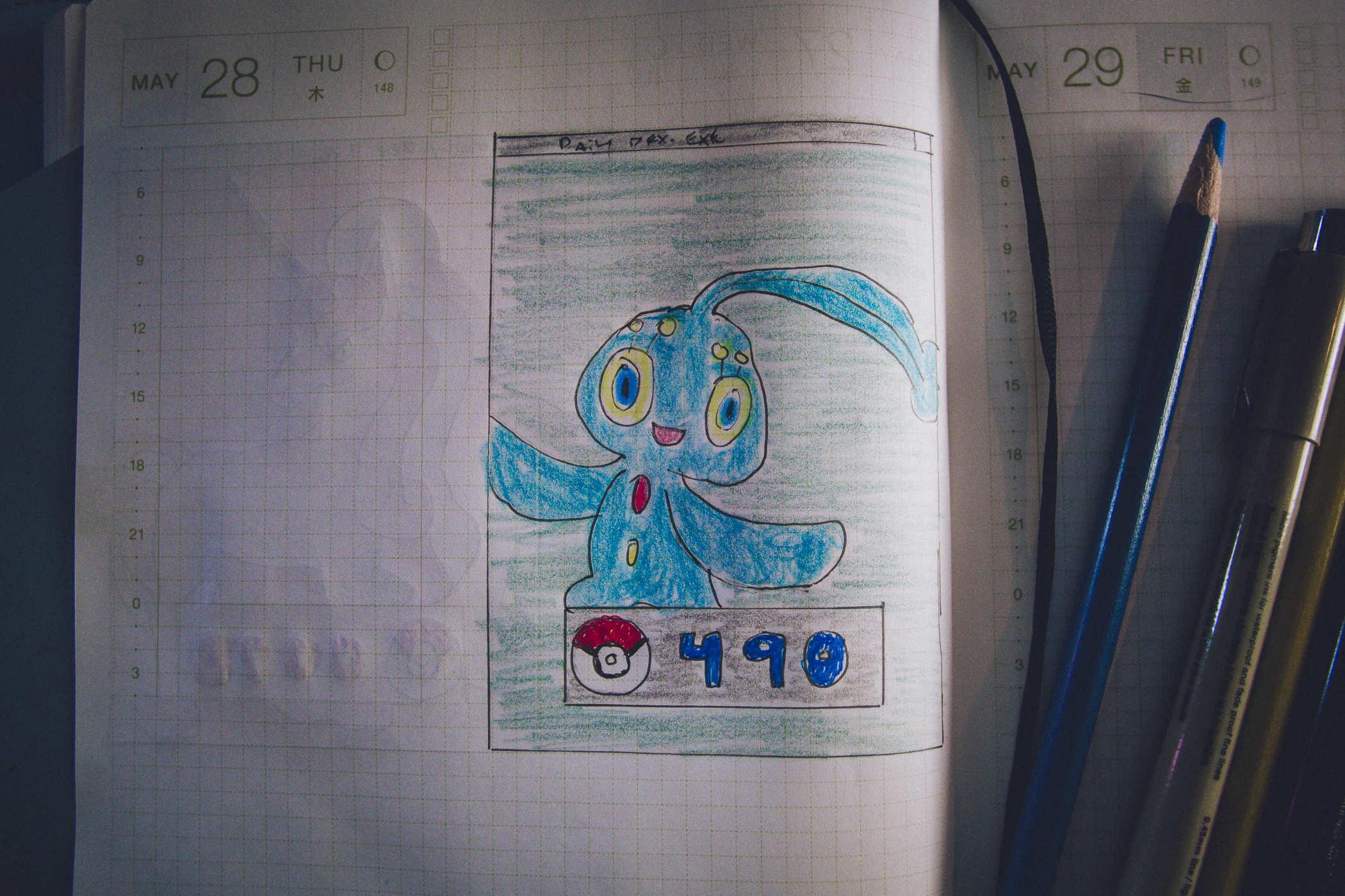 Drawing of pokemon 490; a small blue creature with large yellow eyes and floppy antenna