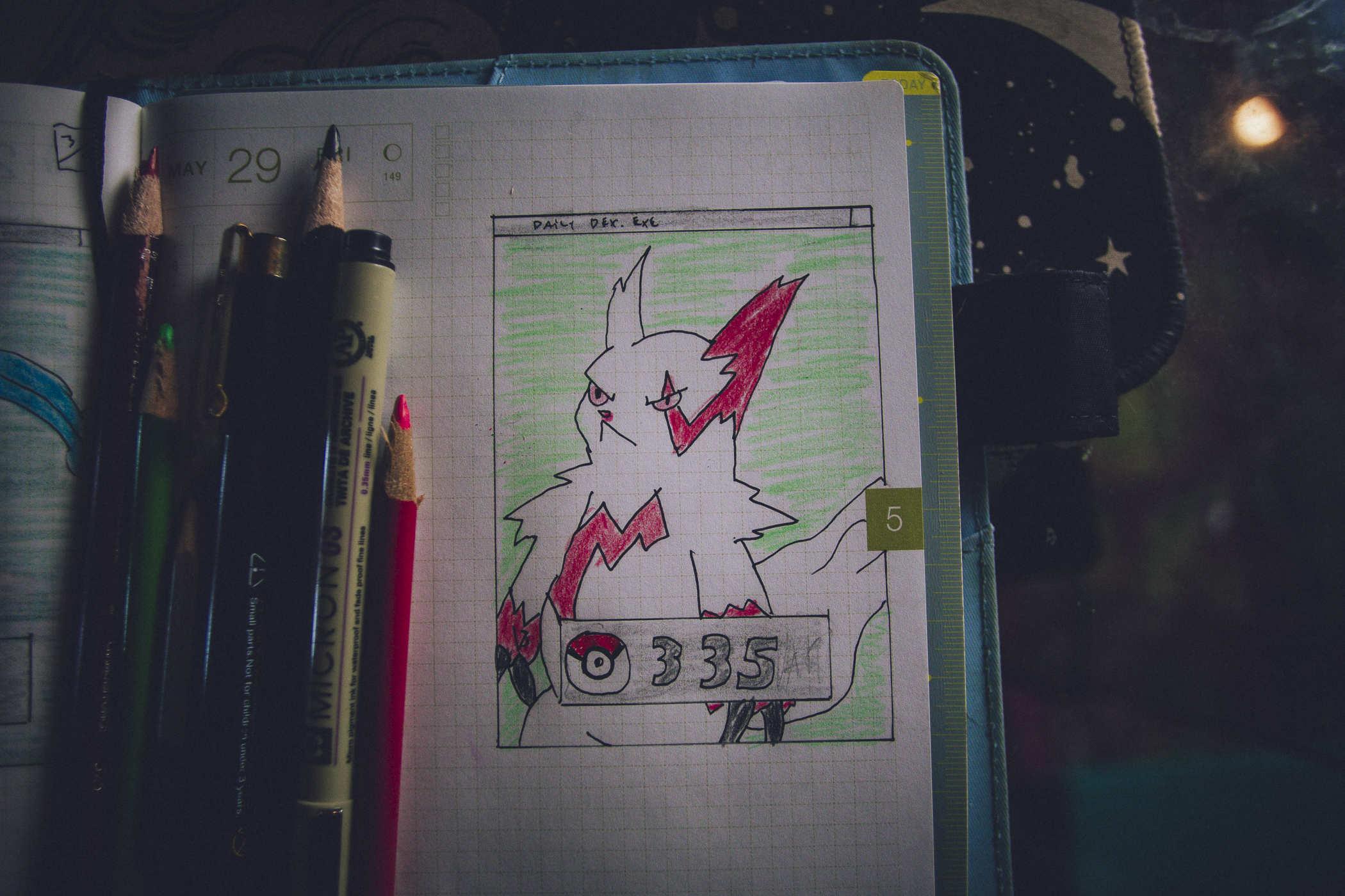 Drawing of pokemon 335; a large white mongoose like creature with red streaks in the fur