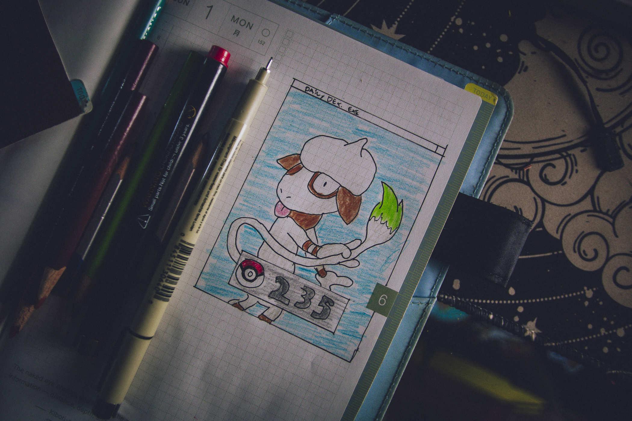 Drawing of pokemon 235; a sheep or beagle like creature standing on two legs with its long, monkey-like tail decorated as a paint brush at the end
