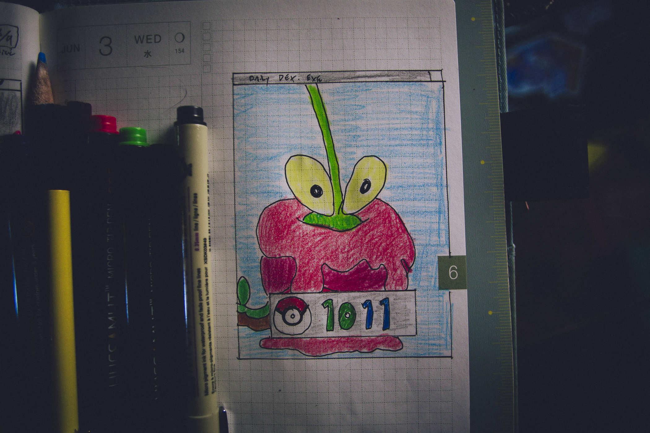 Drawing of pokemon 1011; a seemingly sentient apple with leaves for eyes and a dragon tail coming out of the back