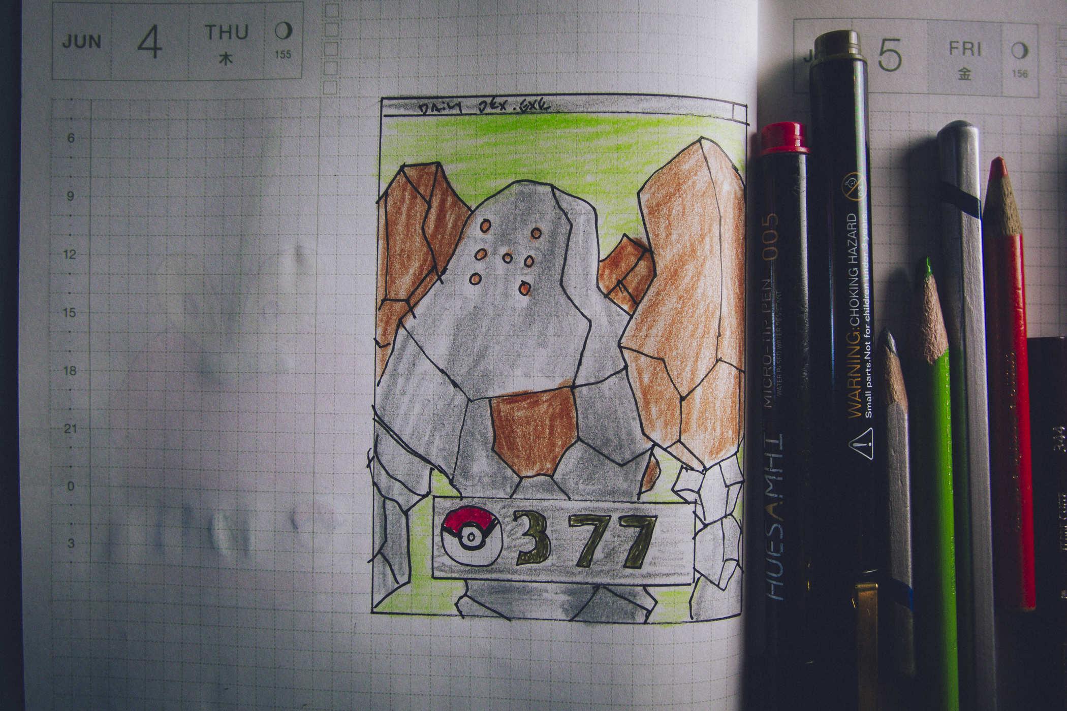Drawing of pokemon 377; a large humanoid shaped rock creature