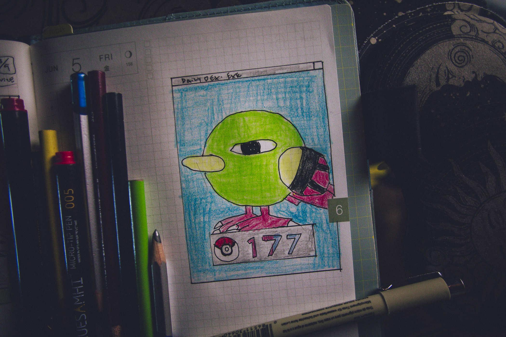 Drawing of pokemon 177; the cartoonish ideal of a bird. A series of primitive geometric shapes