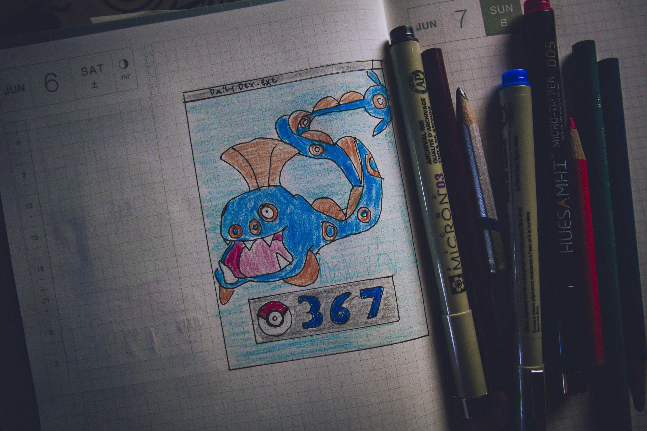 Drawing of pokemon 367; a large eel-like serpent with a goofy looking face 