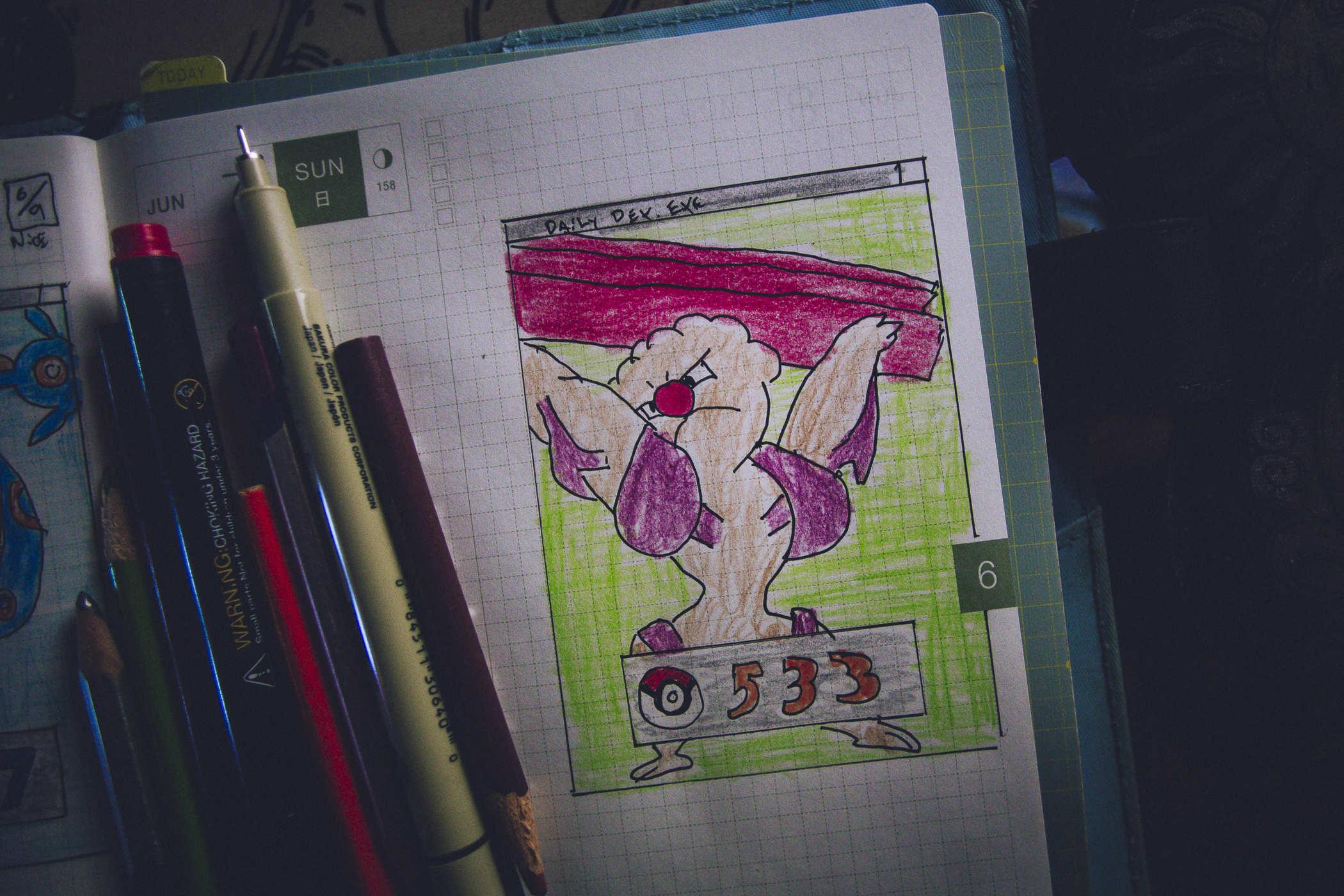 Drawing of pokemon 533; what can only be described as a Koala bodybuilder with a muppet nose, holding up a steel beam