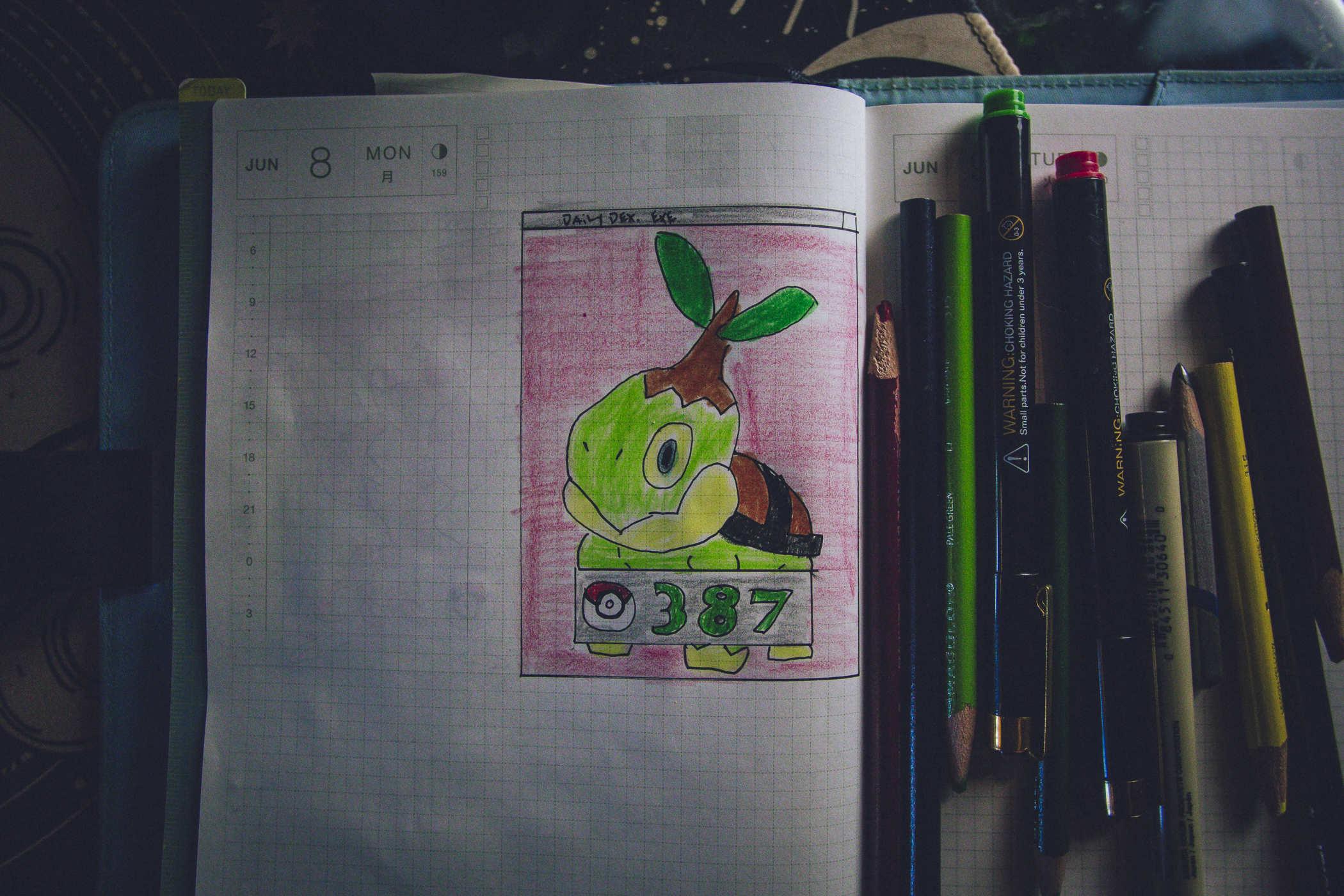Drawing of pokemon 387; a small turtle with a sapling growing on its head 