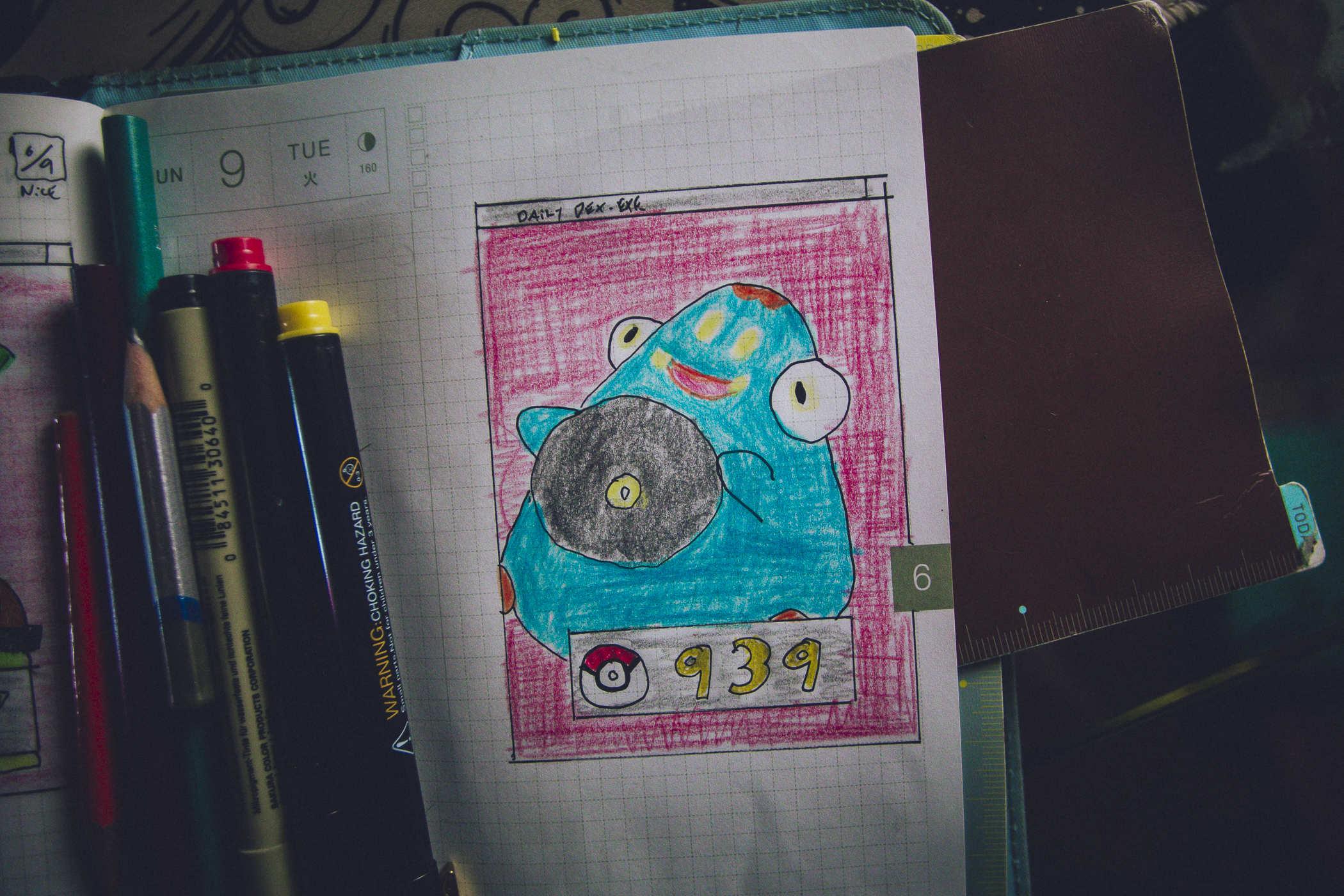 Drawing of pokemon 939; a weird teal blob that's supposed to be a frog