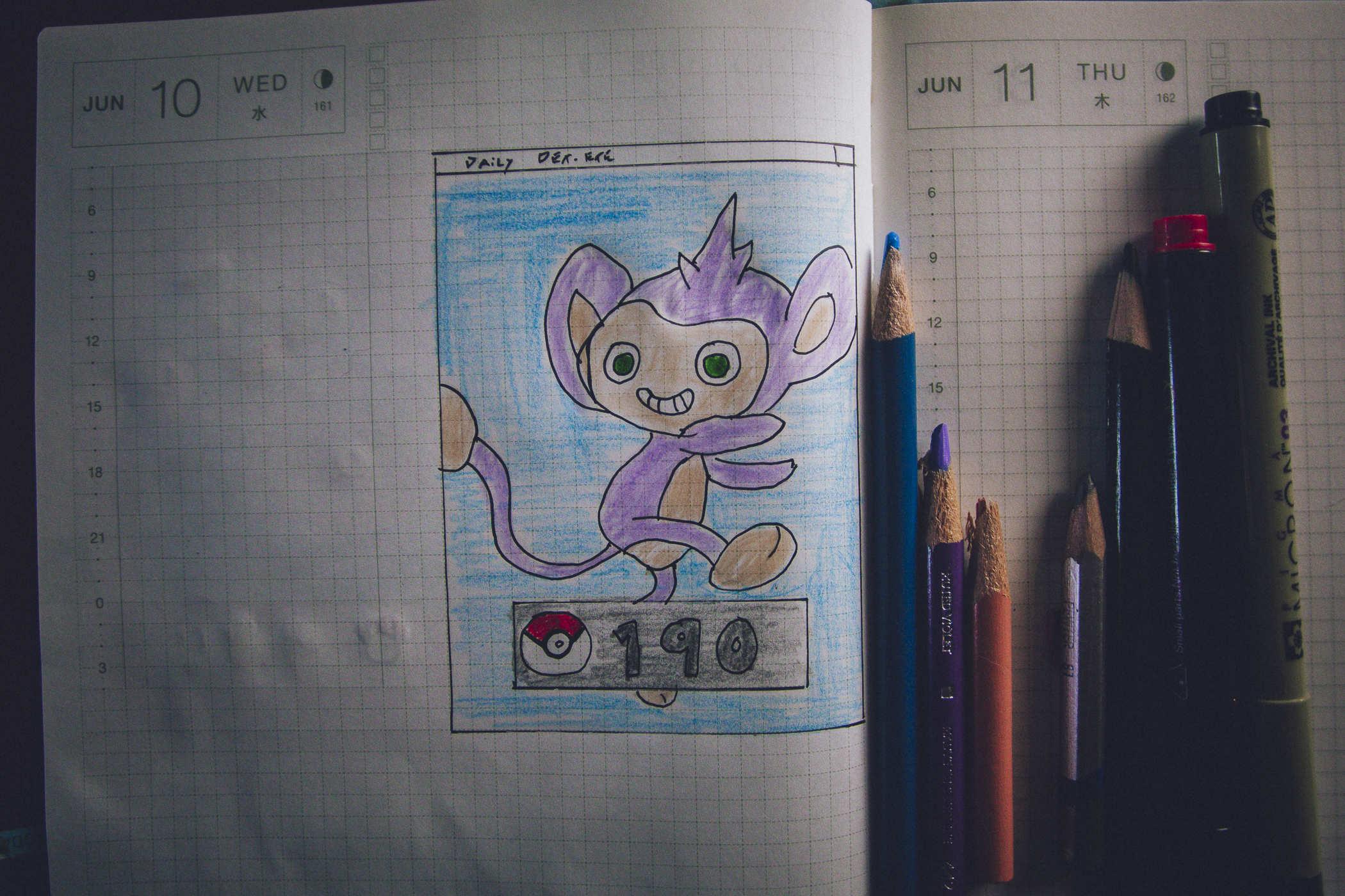 Drawing of pokemon 190; a purple monkey with a ridiculous smile