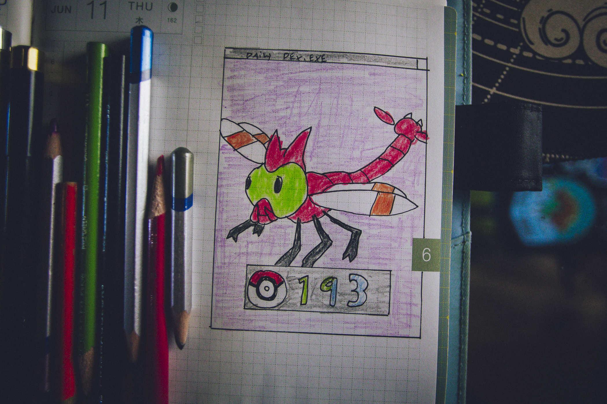 Drawing of pokemon 193; a large dragonfly with weird mandibles 
