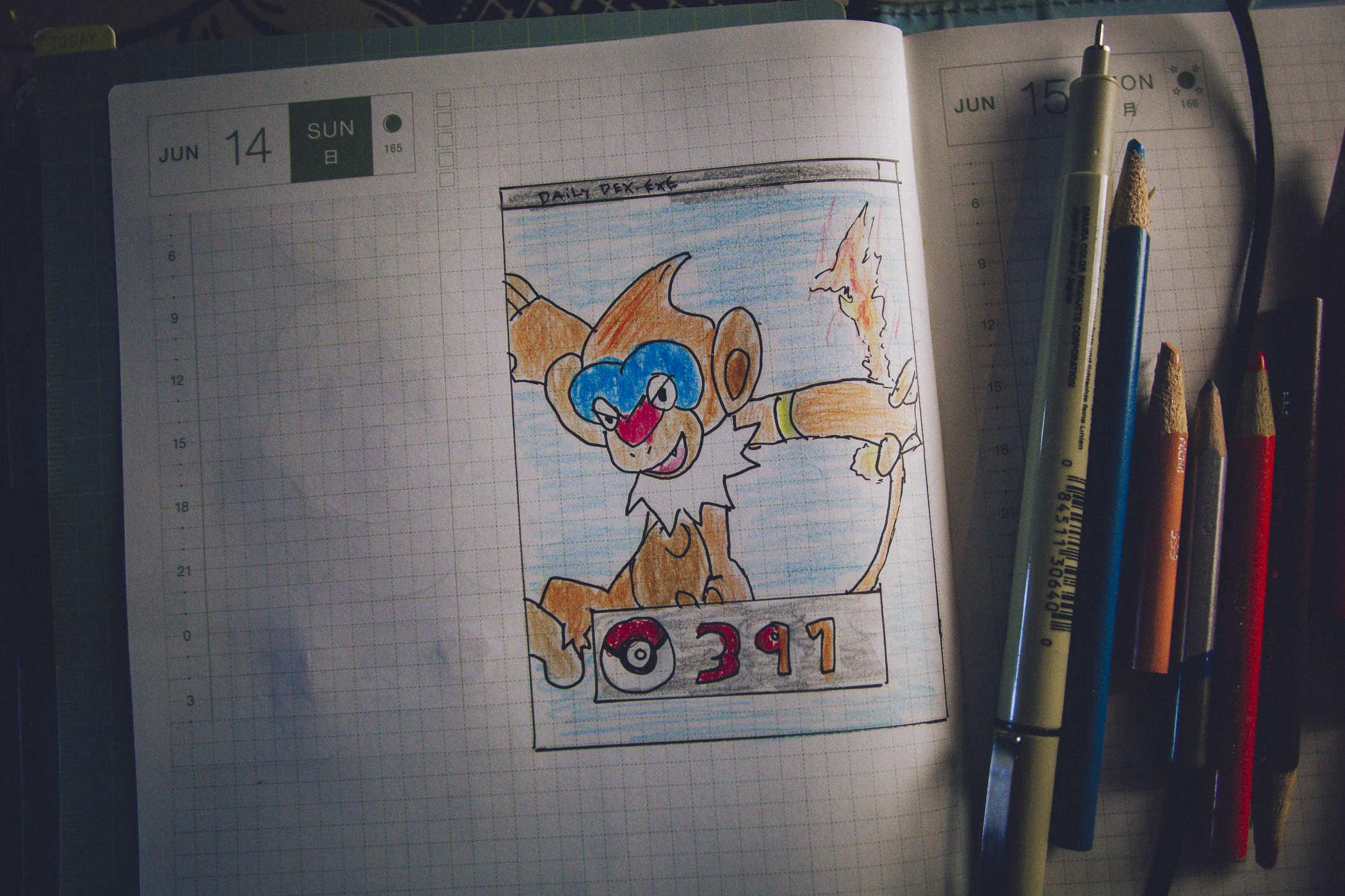 Drawing of pokemon 391; a monkey with a flaming tail