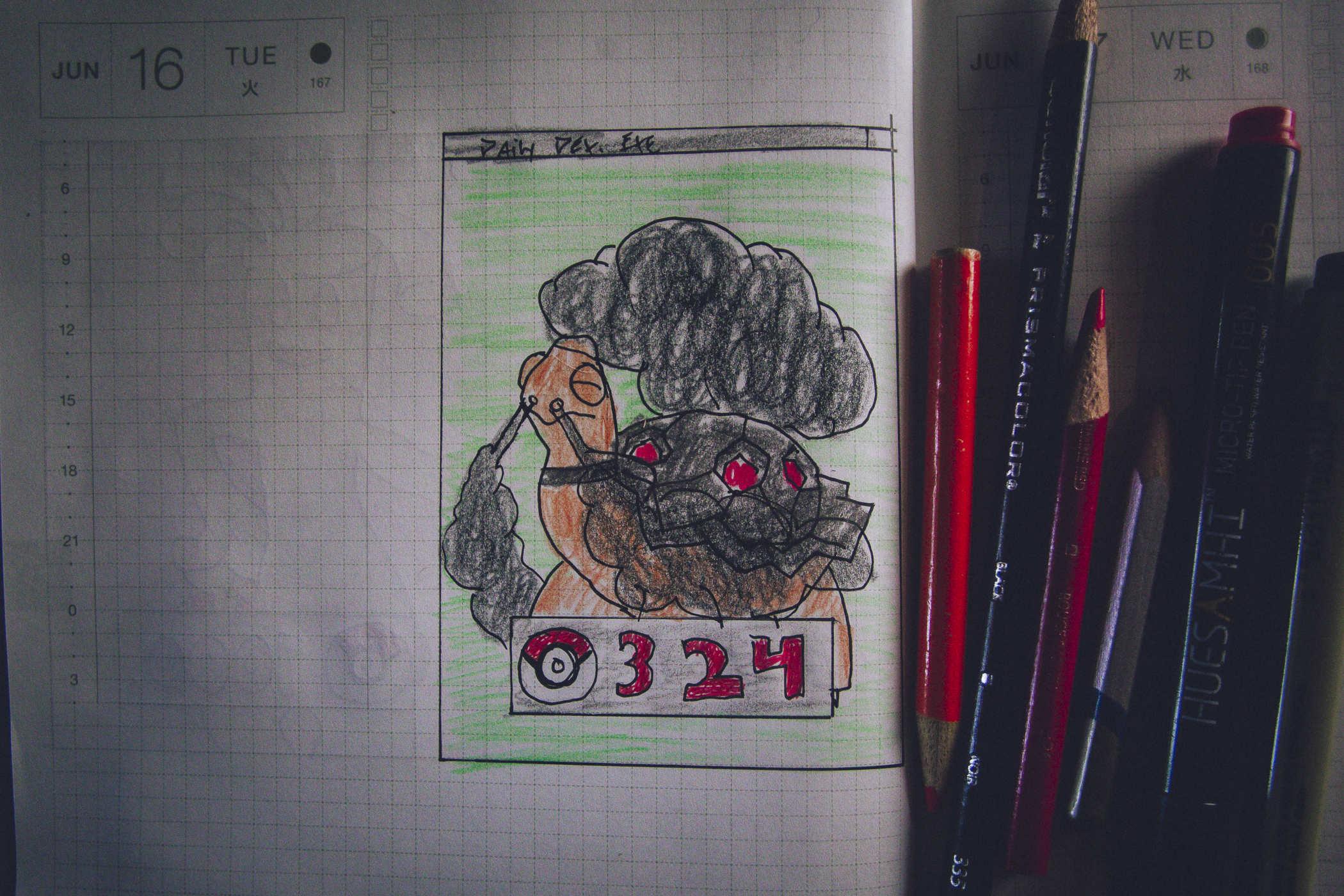 Drawing of pokemon 324; an orange and grey tortoise that appears to be emitting smoke