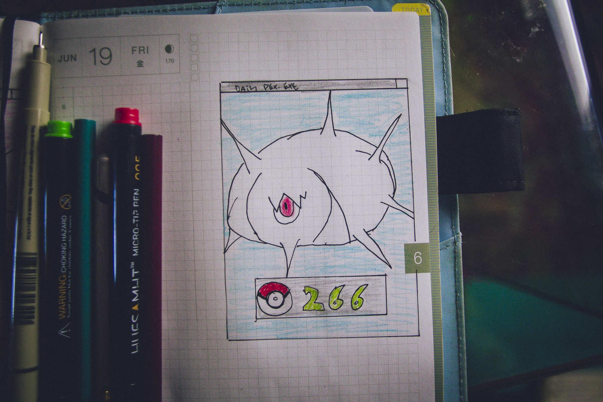 Drawing of pokemon 266; a white spiny urchin like creature with a single red eye