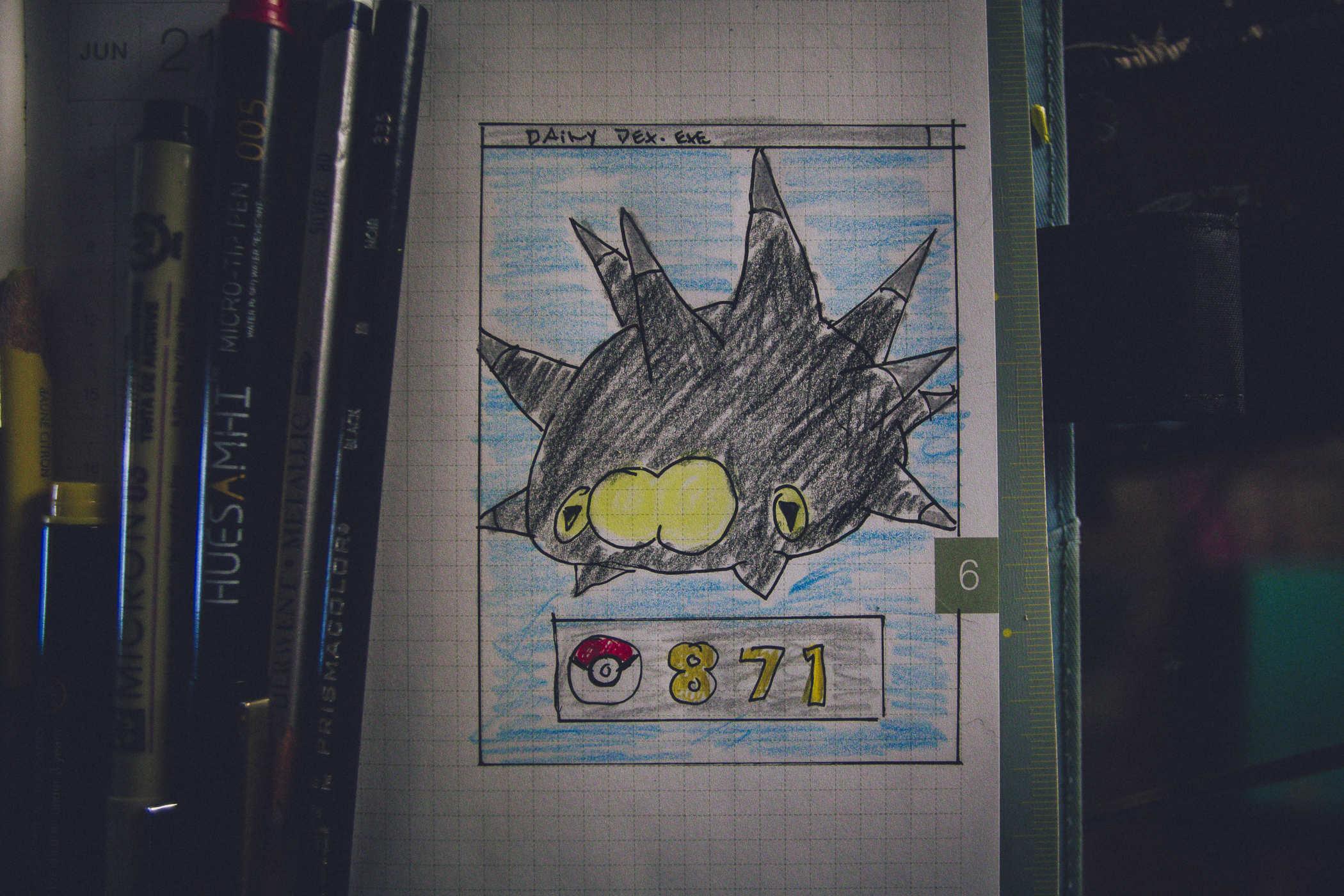 Drawing of pokemon 871; surprisingly another urchin like creature but now it's black and has two eyes