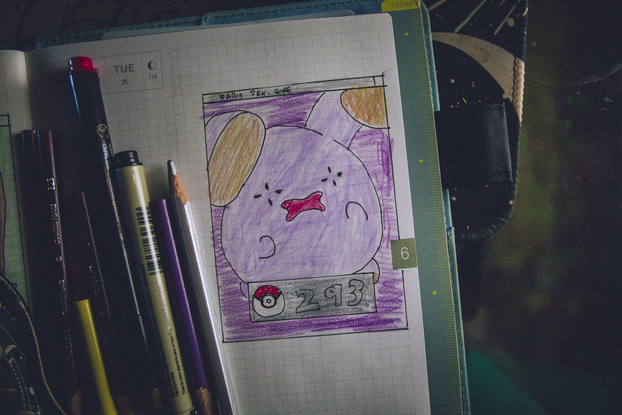 Drawing of pokemon 293; a crying purple mouse like creature 