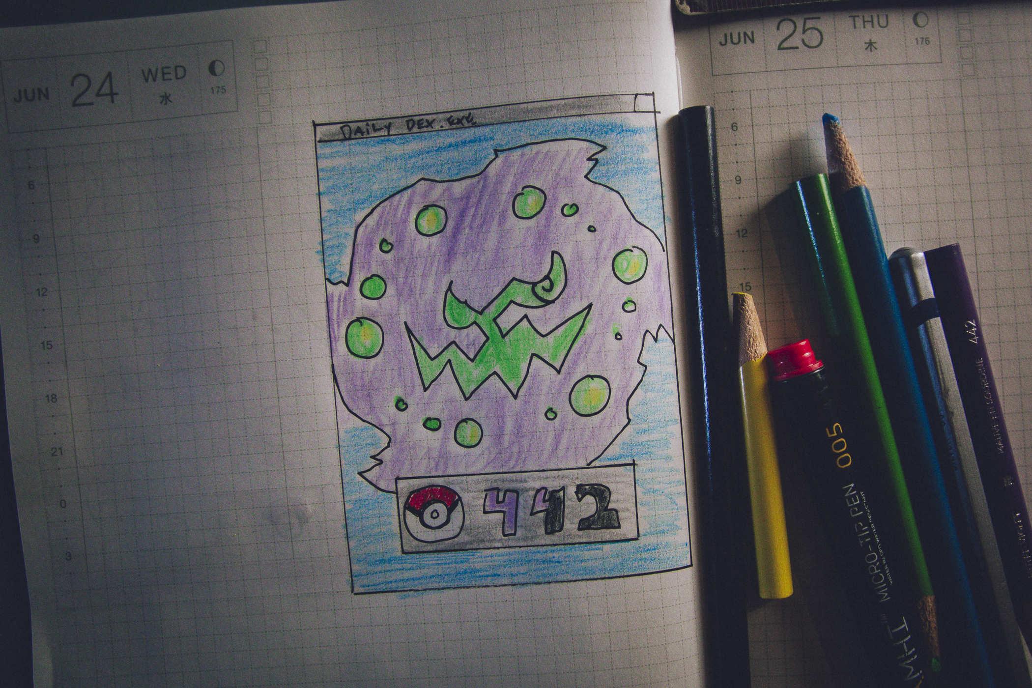 Drawing of pokemon 442; a purple ghost with green details