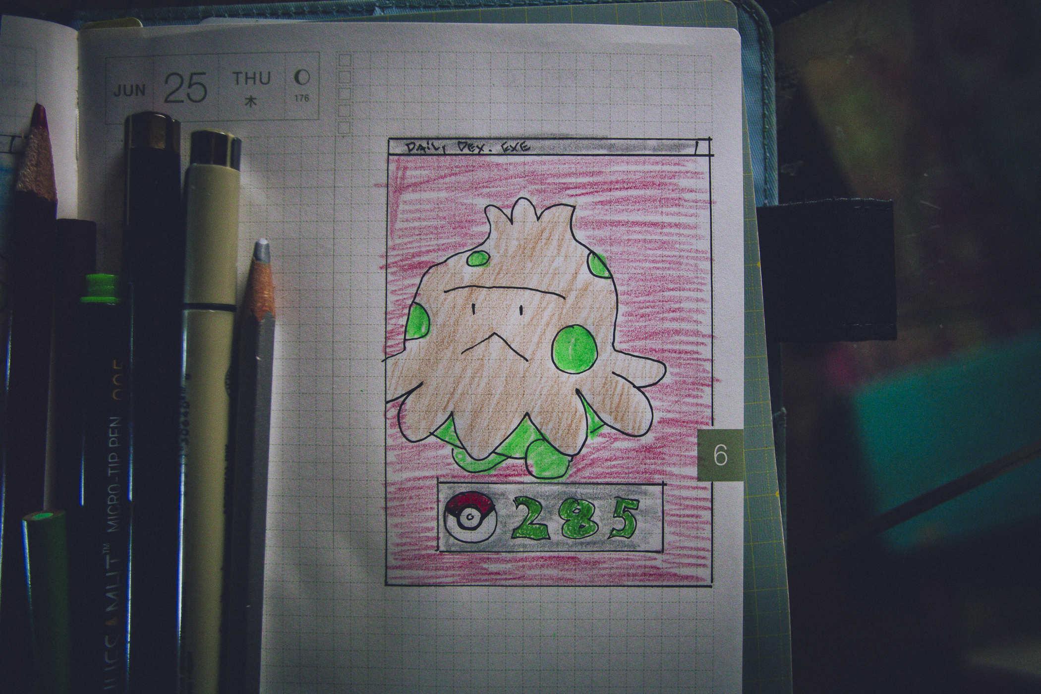 Drawing of pokemon 285, a frumpy looking mushroom creature