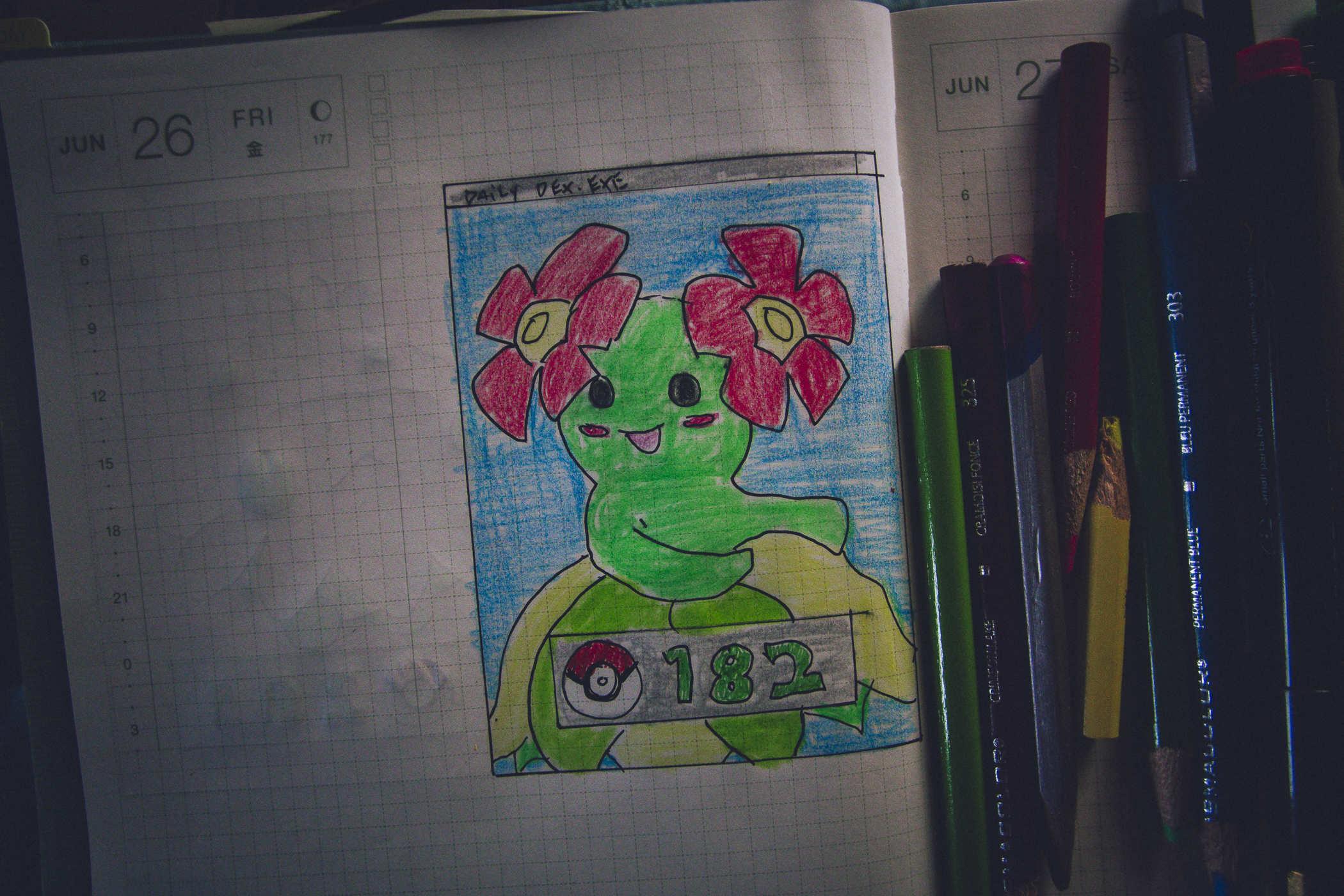 Drawing of pokemon  182; a plant that's basically a hula girl and it's kinda weird