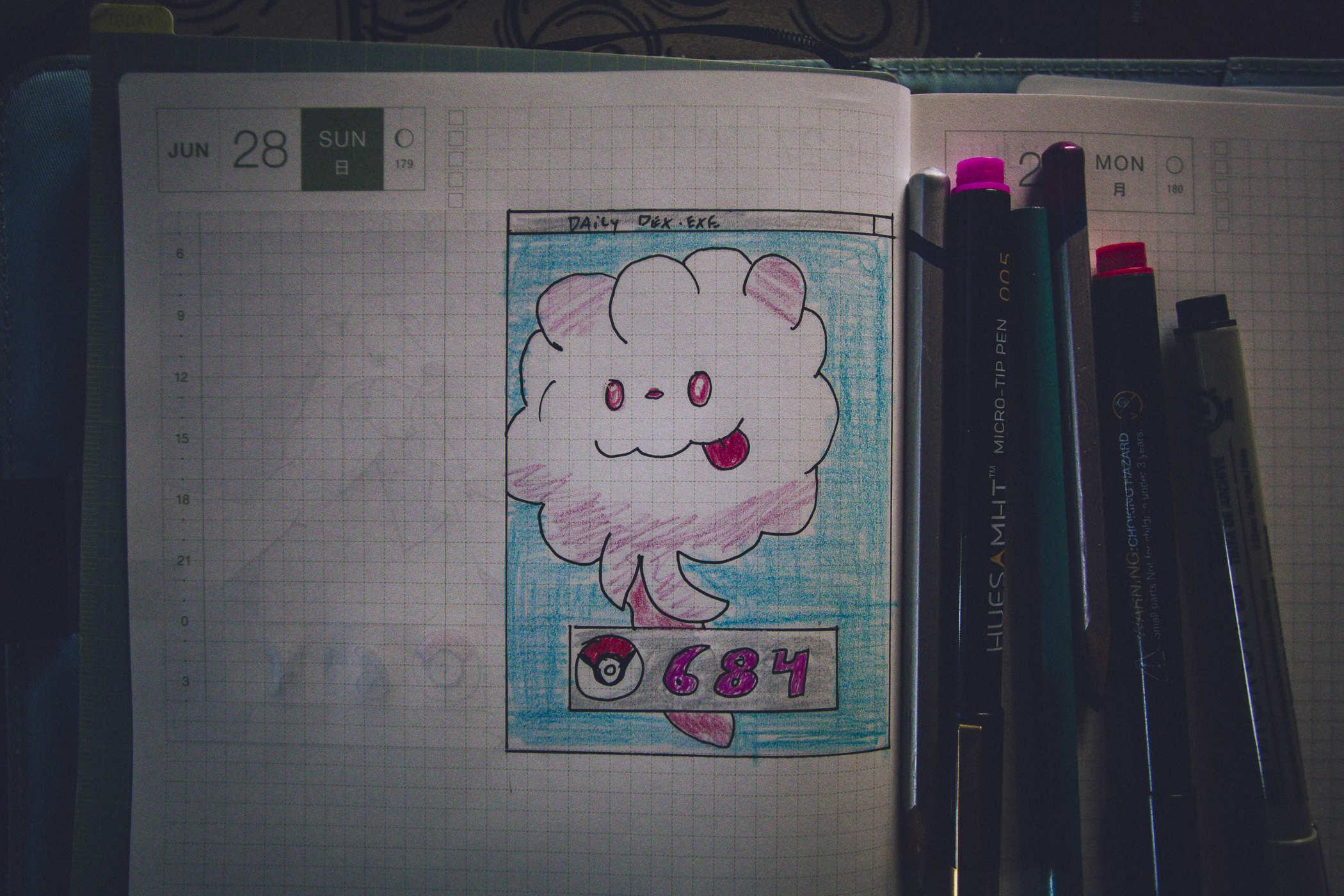 Drawing of pokemon 684 - a pinkish cloud with face and its tongue hanging out 