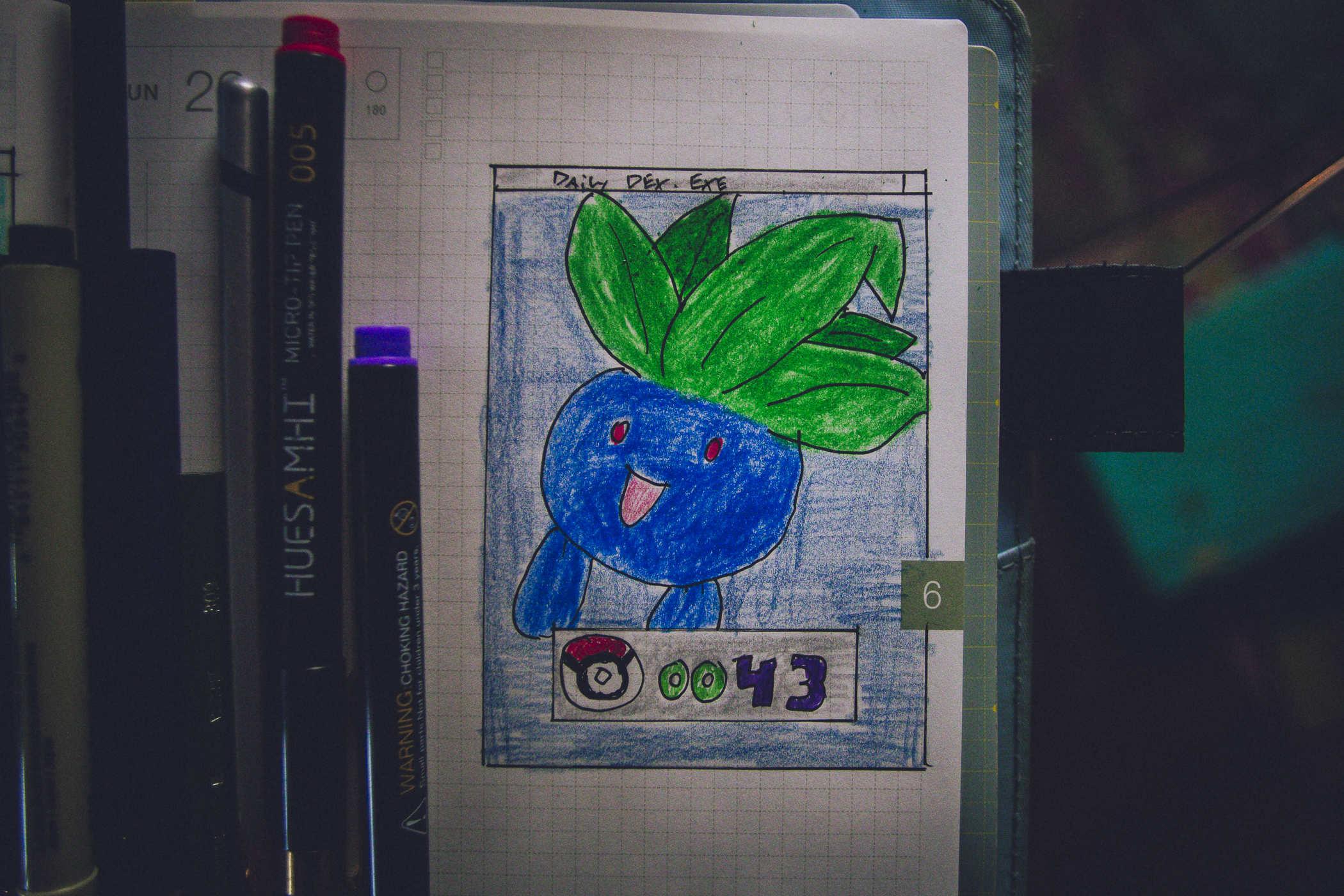 Drawing of pokemon 43, a blue raddish with a face