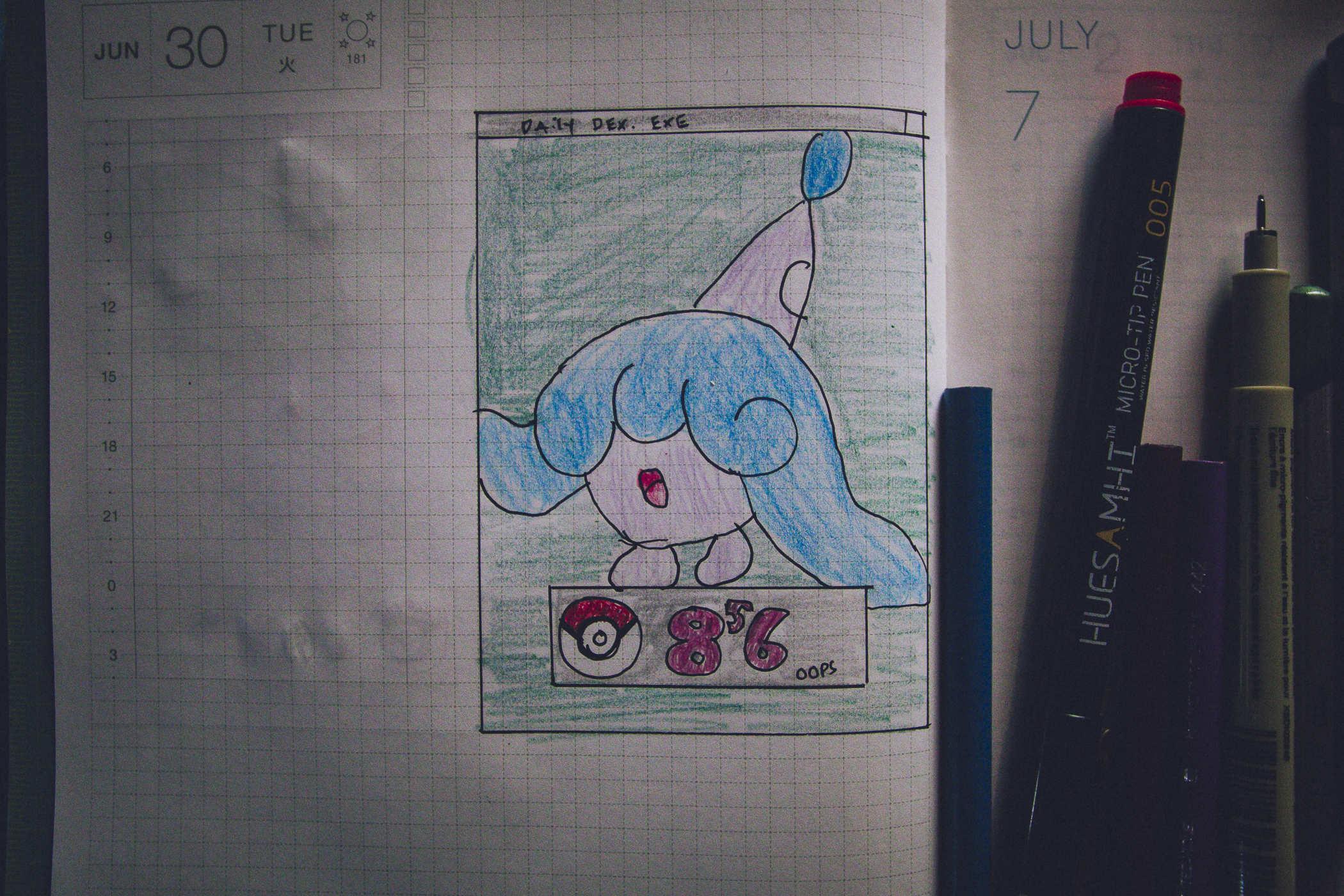 Drawing of pokemon 856, a small pinkish creature with large ears, hair that both covers the eyes and also shapes up into a party hat