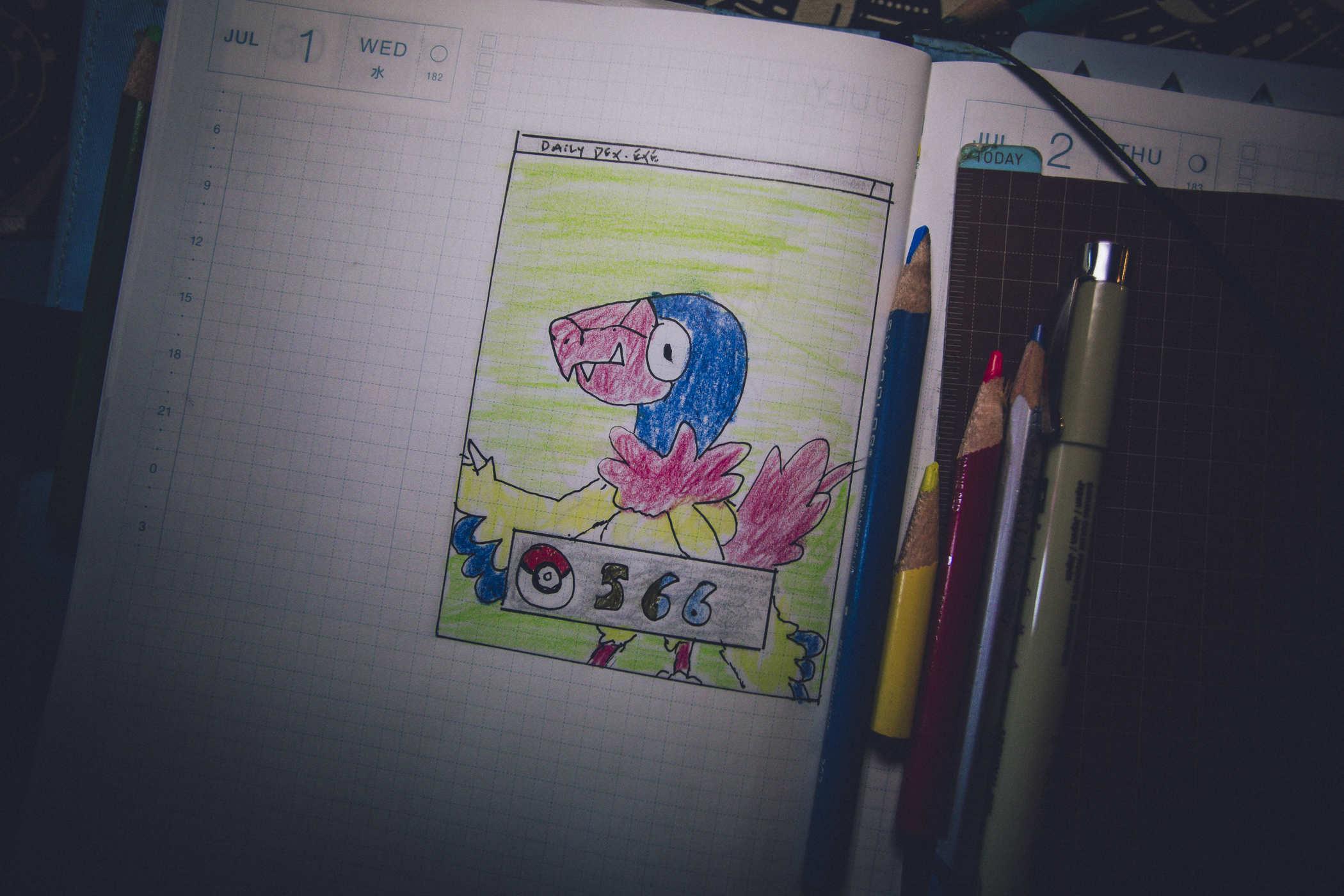 Drawing of pokemon 566; a weird dinosaur chicken that's blue, red and yellow