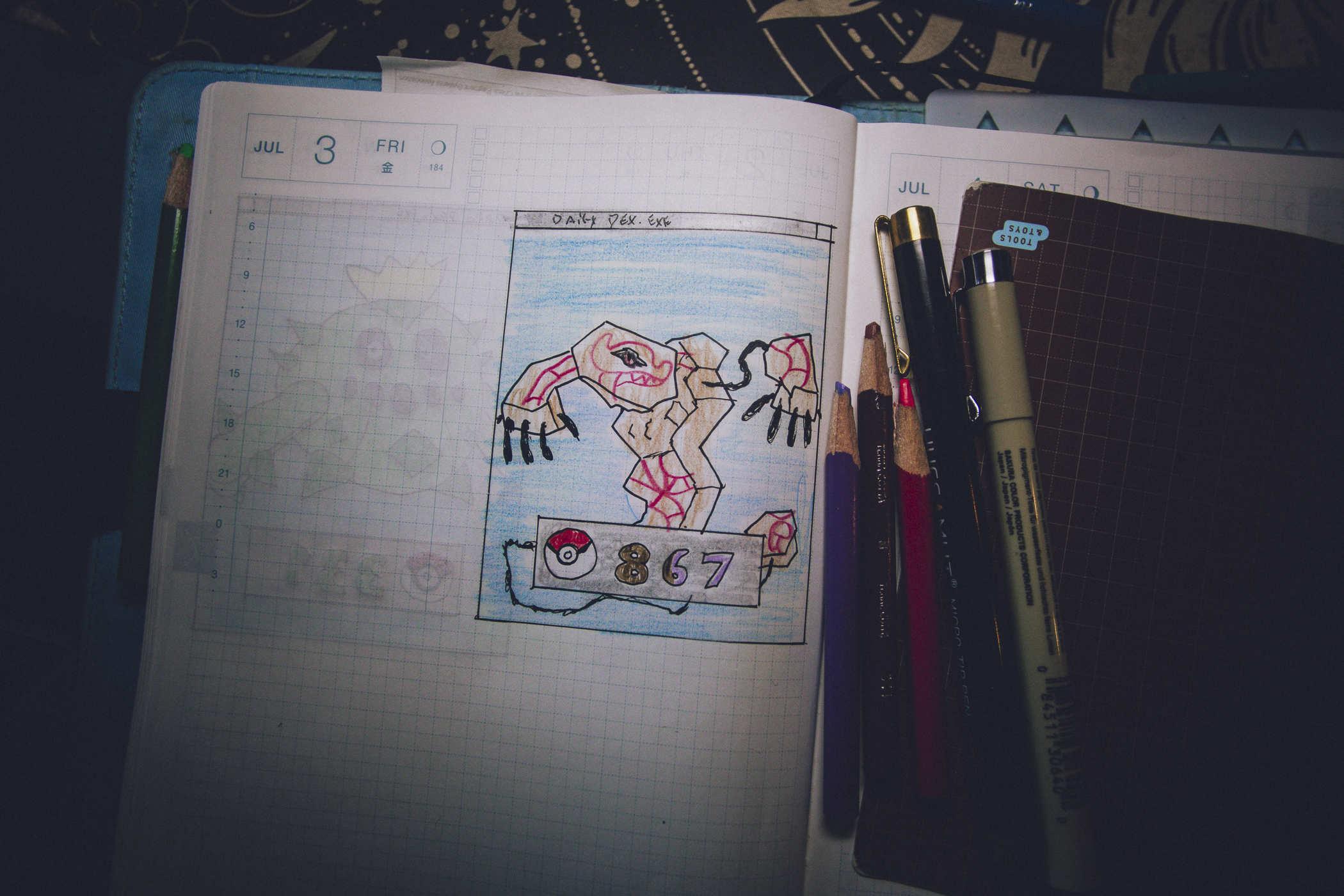 Drawing of pokemon 867; a sentient hieroglyph carving with ghost-like hands connected