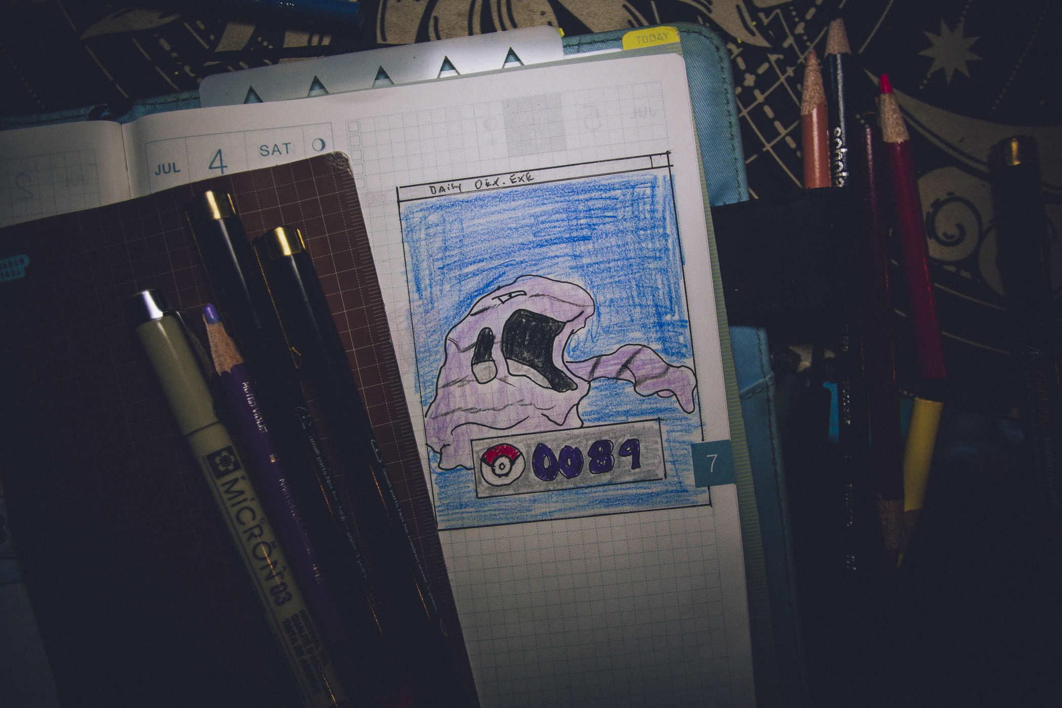 Drawing of pokemon 0089; a sentient slime pile with a huge mouth