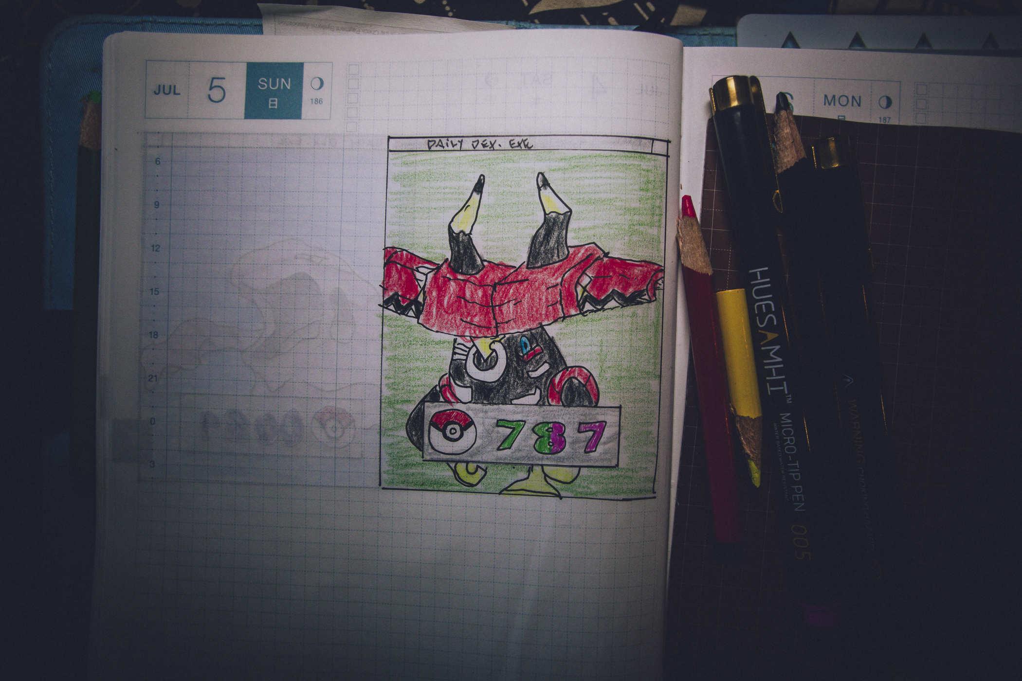 Drawing of pokemon 787; a bull coded creature with what looks like a sombrero on it