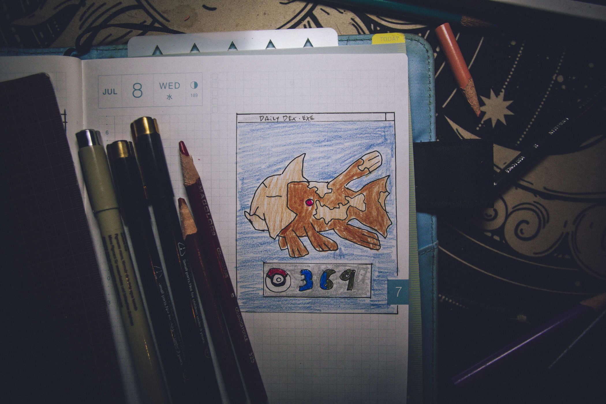 Drawing of pokemon 369; a very tired looking fish fossil