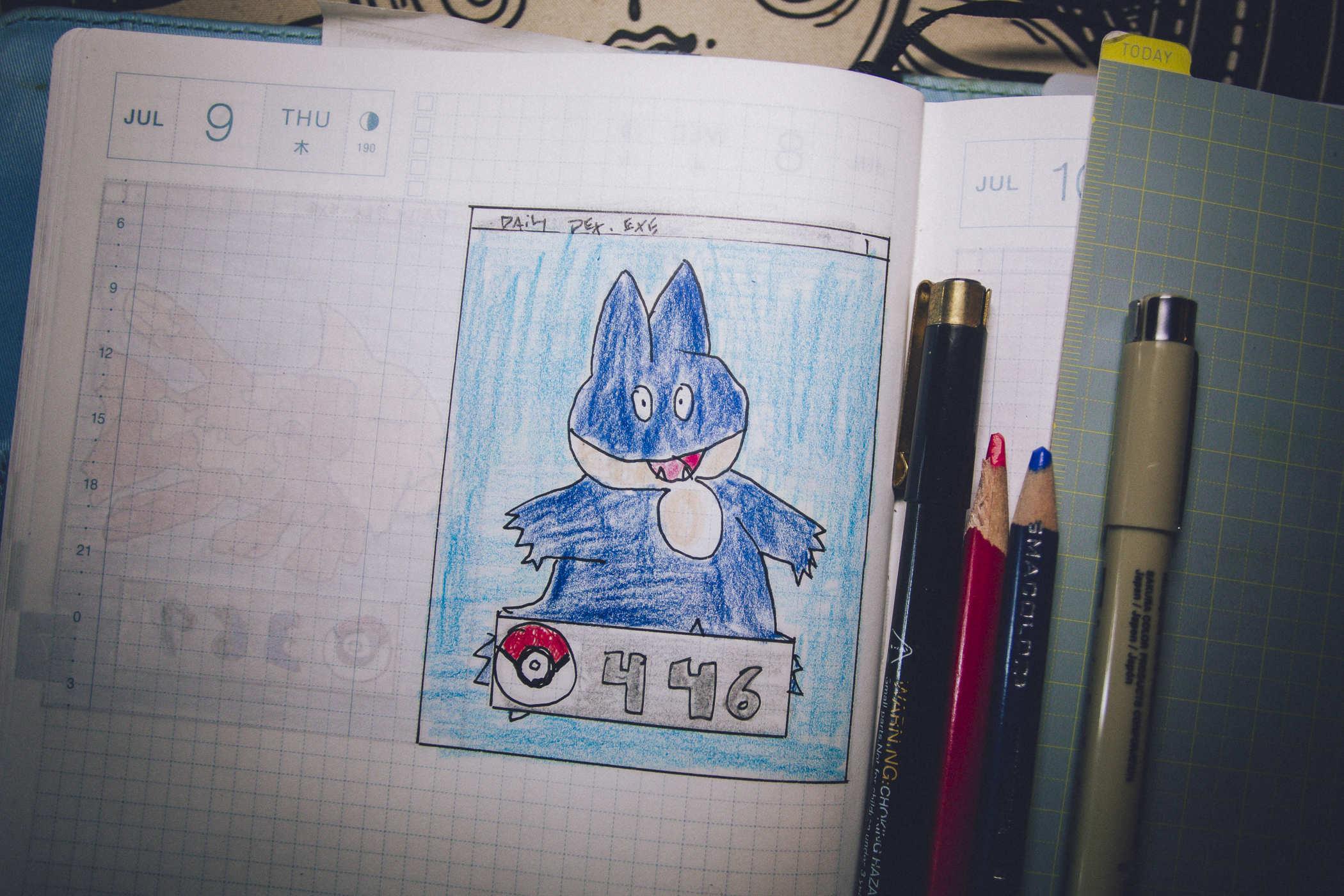 Drawing of pokemon 446; a sort of rotund bunny-like blue creature