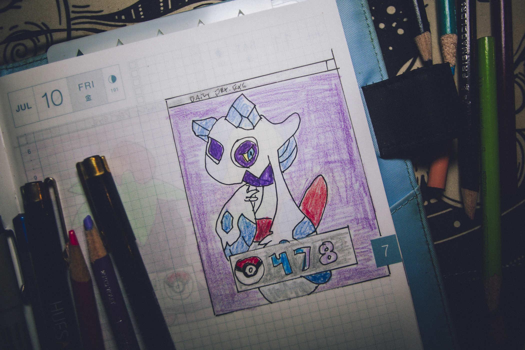 Drawing of pokemon 478; a tall white ghost-like creature with skin patterns that look like it's wearing a kimono 