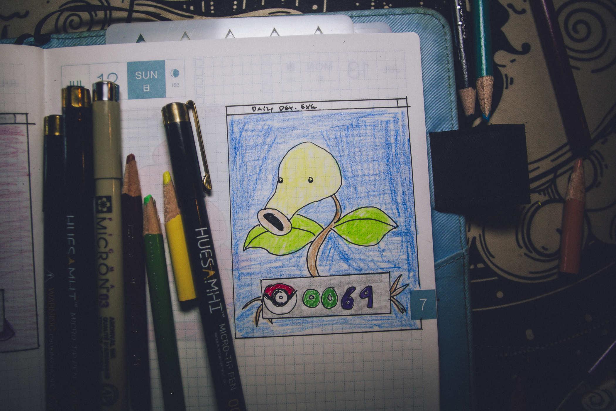 Drawing of pokemon 69; a plant with a large sucker-like mouth at the head