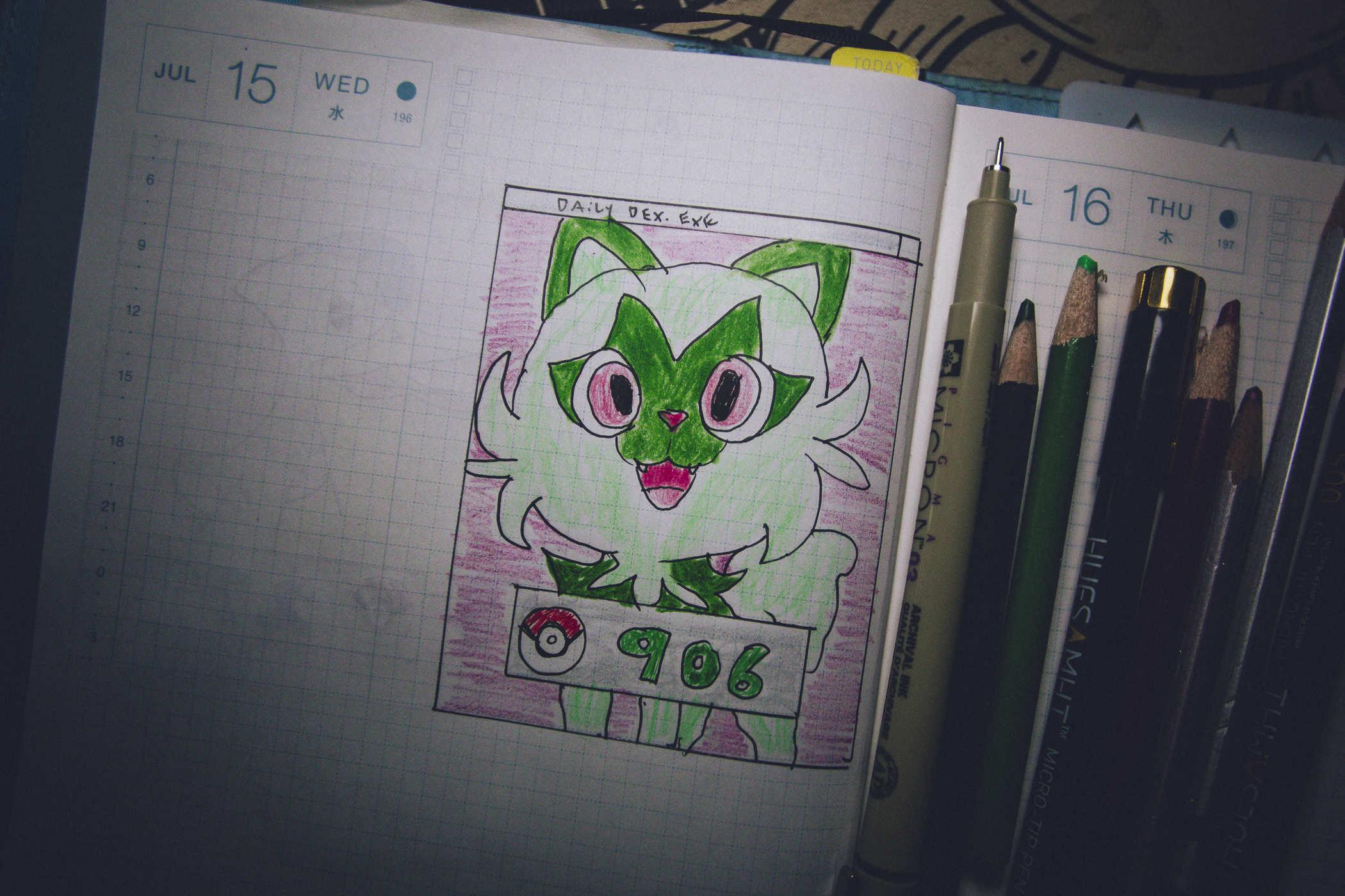 Drawing of pokemon 906; a cat that's mostly green