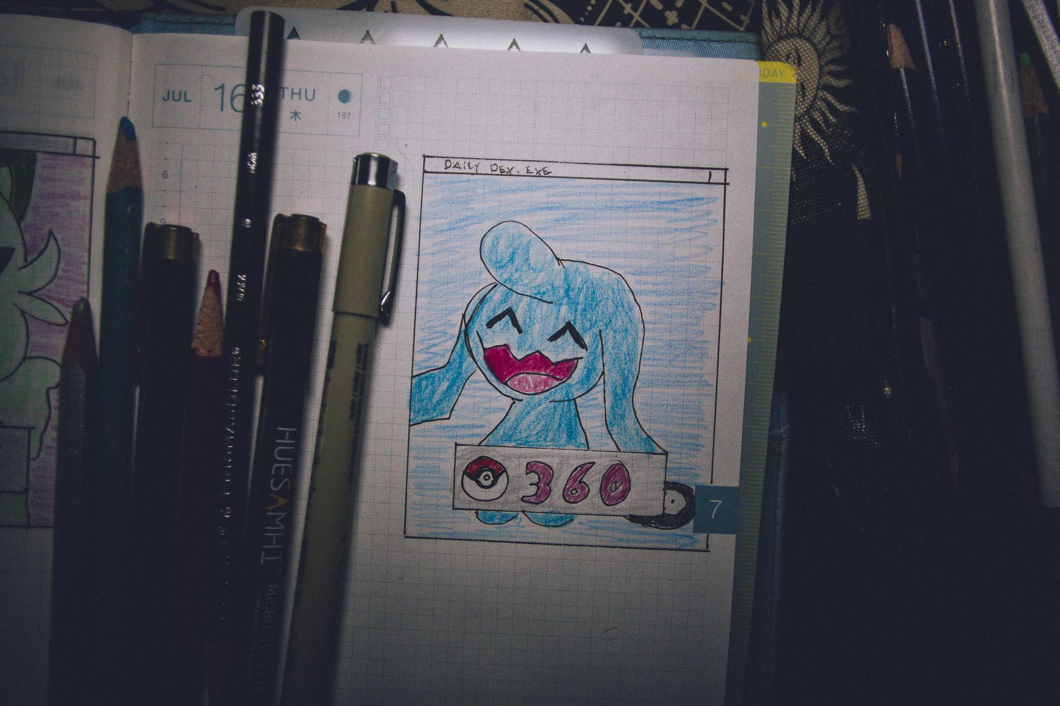 Drawing of pokemon 360; a small blue blob-like creature with floppy ears smiling