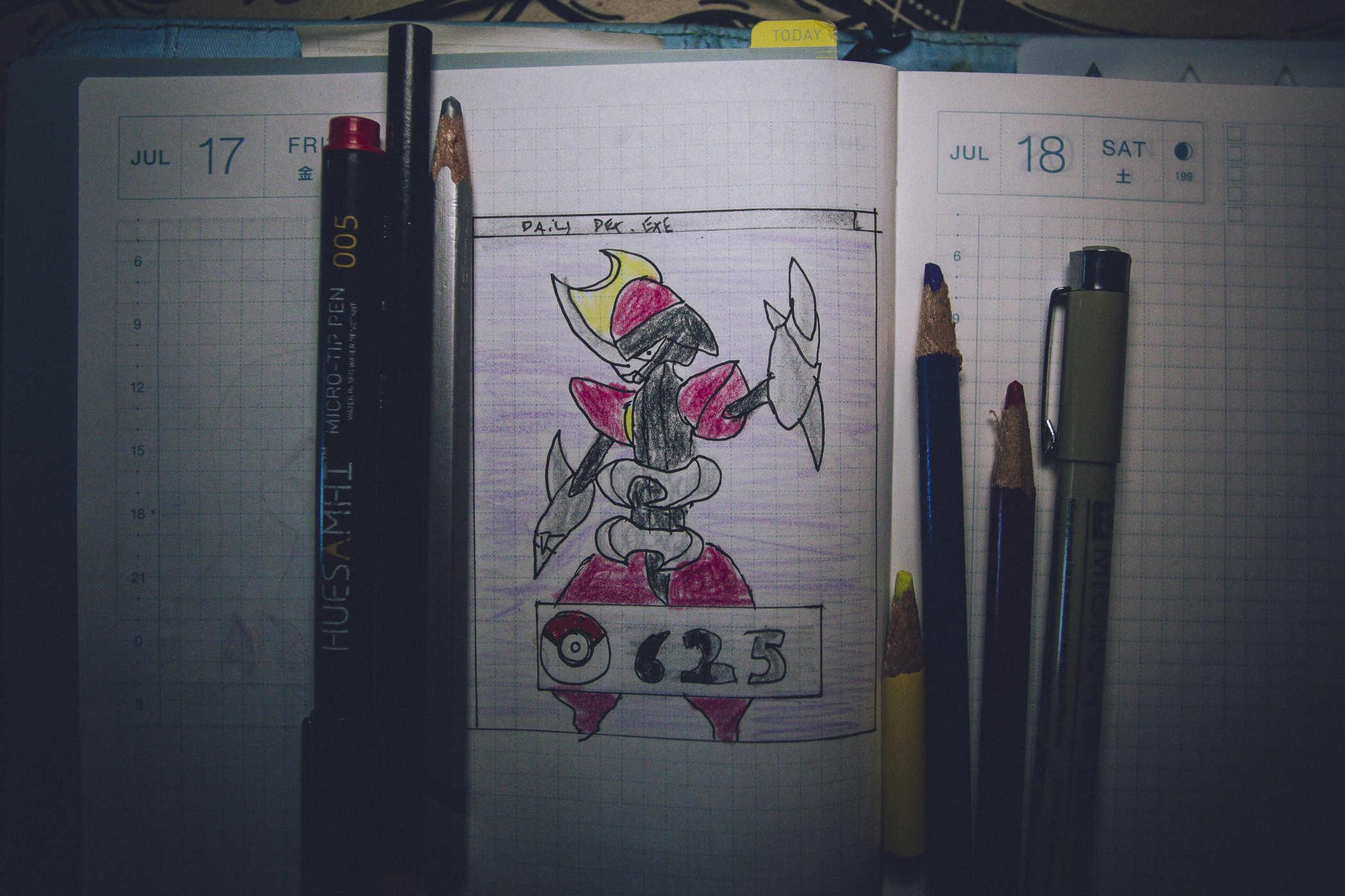 Drawing of pokemon 625; a red and black humanoid creature that looks like it's wearing sharp armor