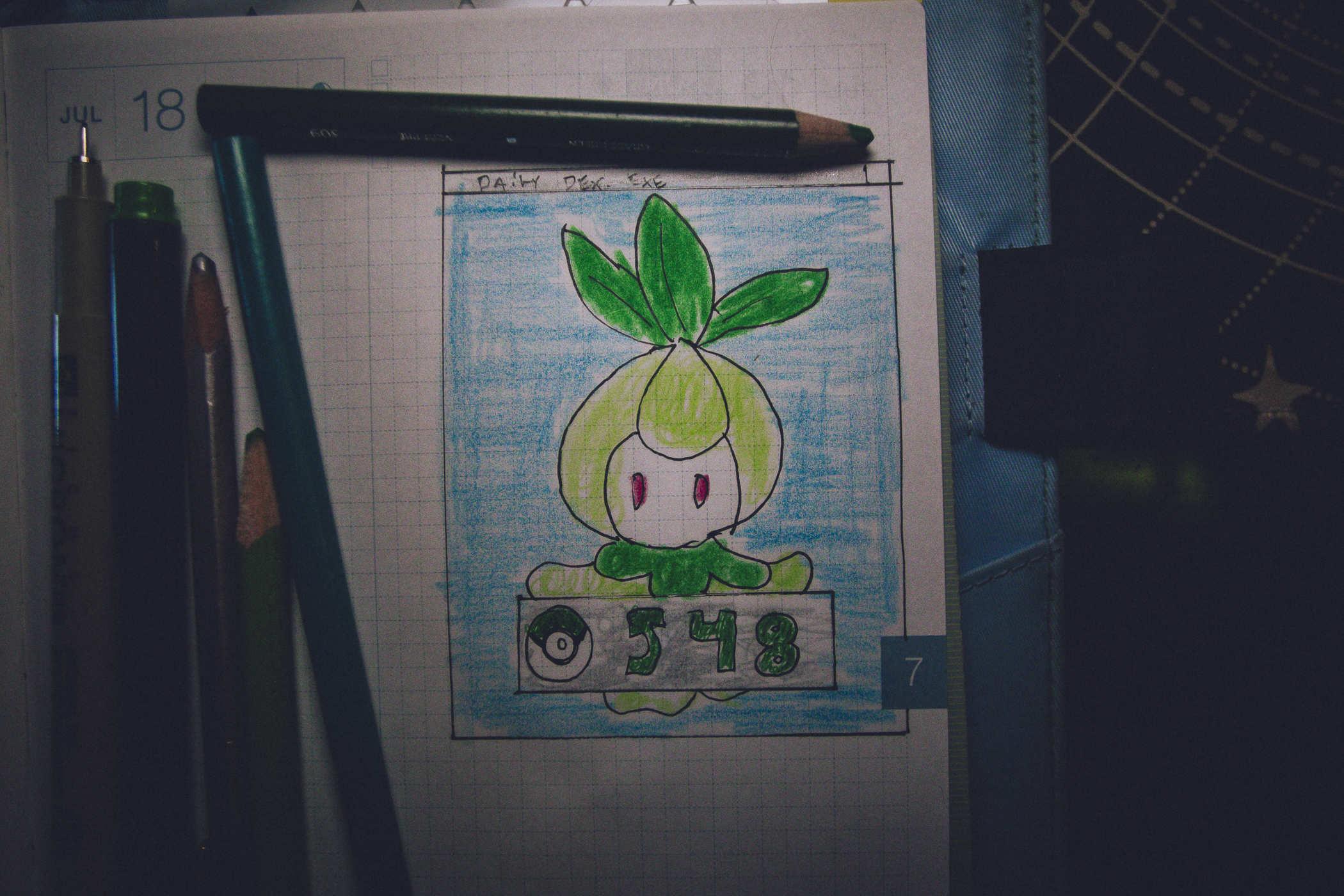 Drawing of pokemon 548; an onion with a face