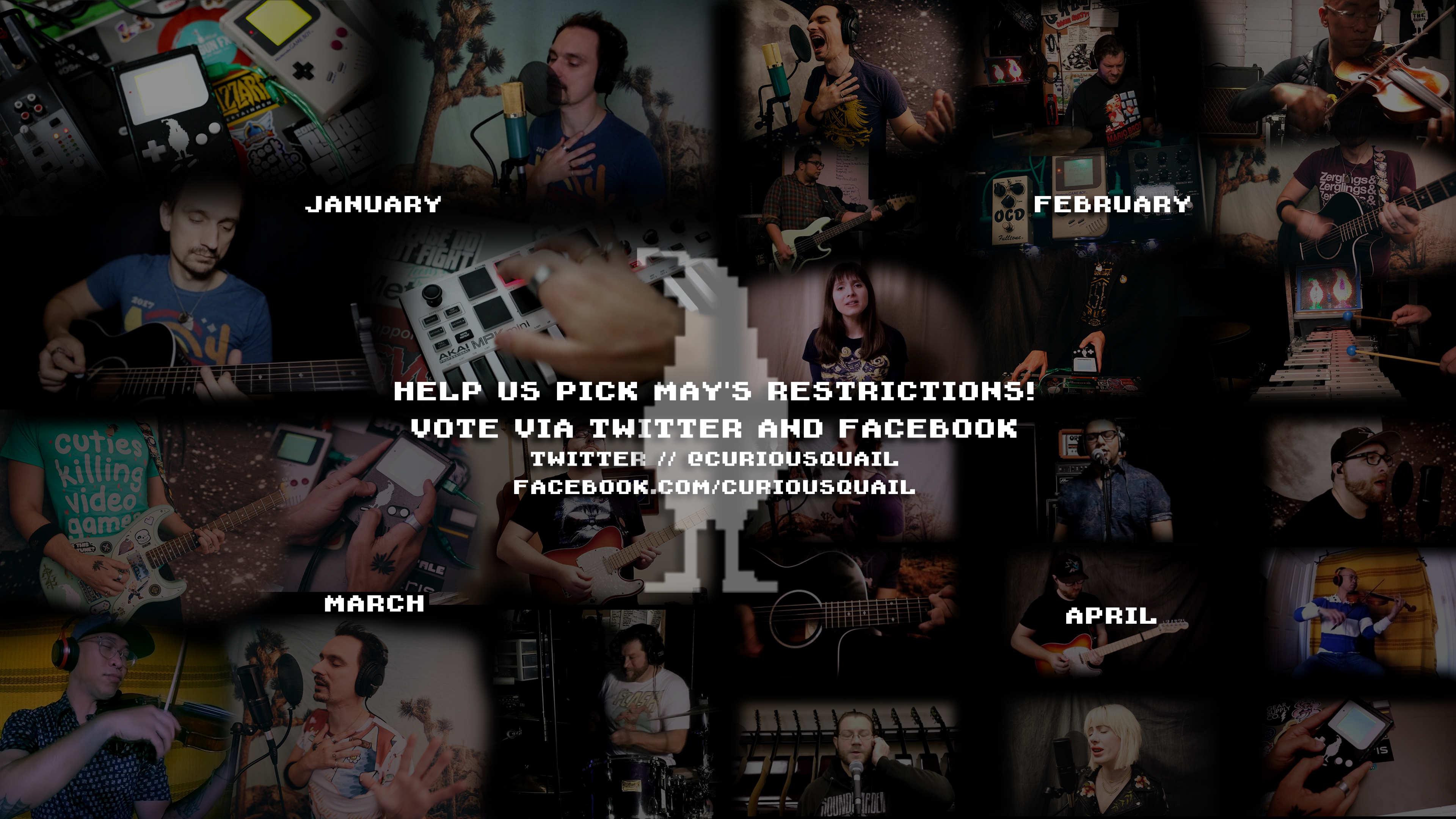 Grid of four youtube thumbnails together labelled January - April with a centerpiece that reads 'Help us pick May's restrictions! Vote via Twitter and Facebook