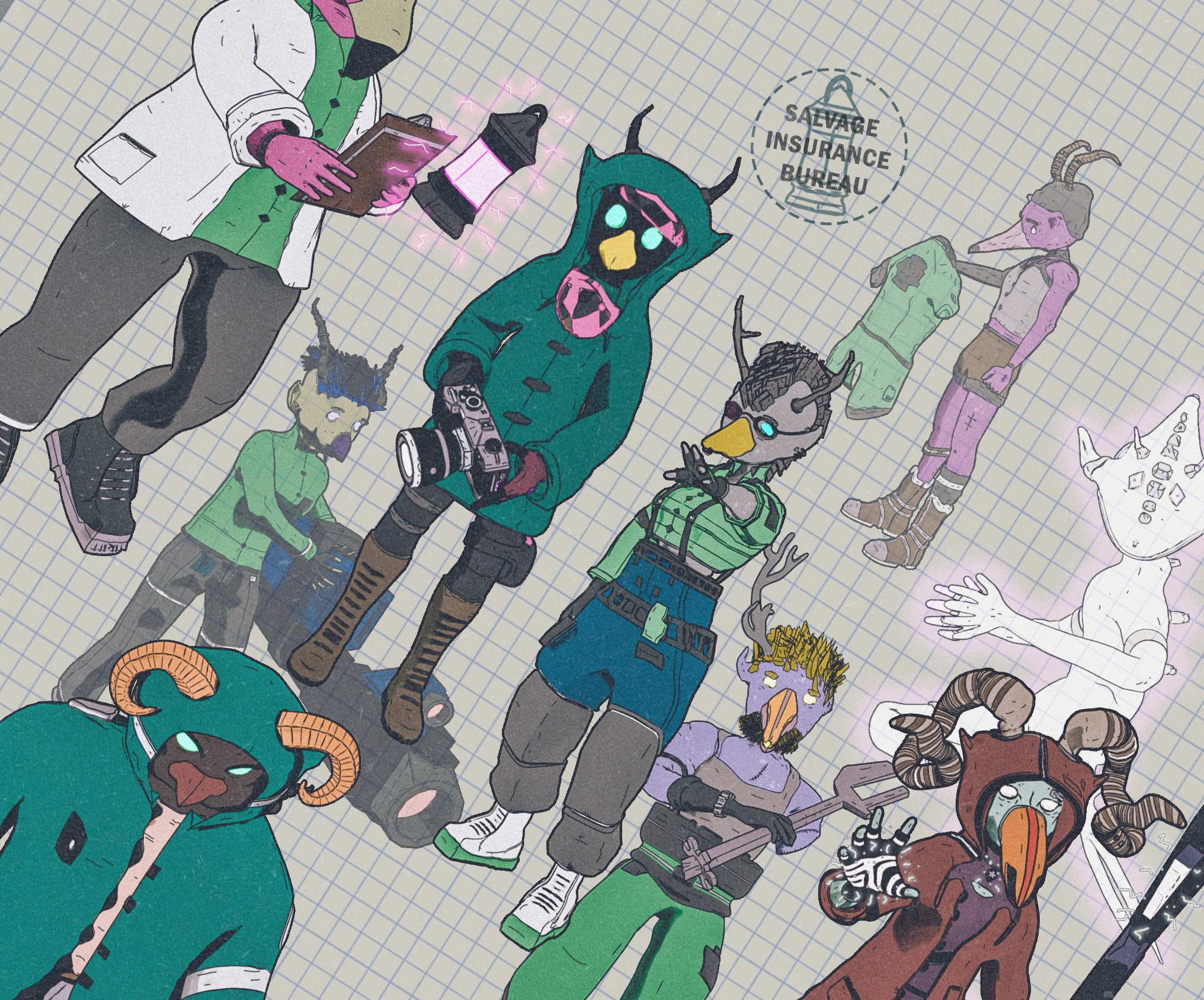 series of bird-beaked, antlered characters in various poses on graph paper with a lantern icon that reads 'SALVAGE INSURANCE BUREAU'