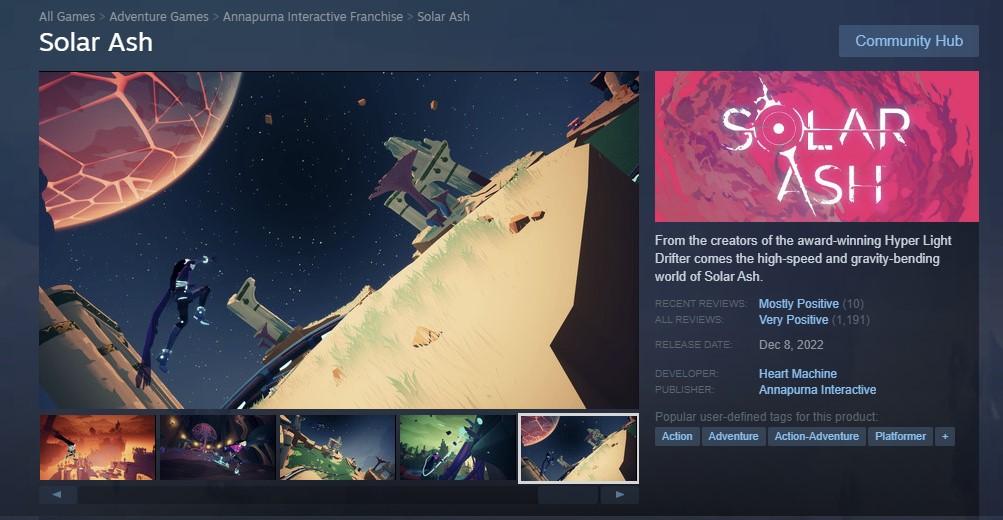 Solar Ash steam page showing 'Very Positive' score