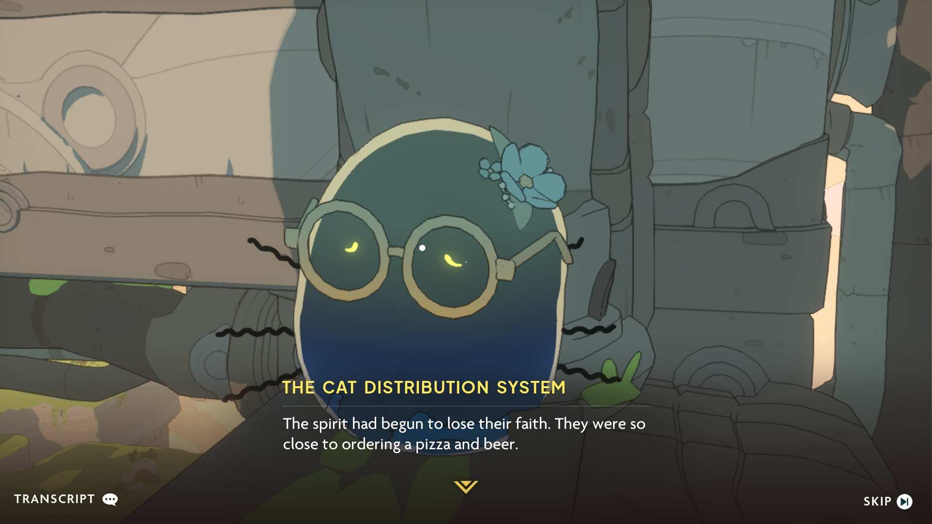 Screenshot of Spirit Crossing; A ghost with glasses named THE CAT DISTRIBUTION SYSTEM is saying 'The spirit had begun to lose their faith. They were so close to ordering a pizza and beer.