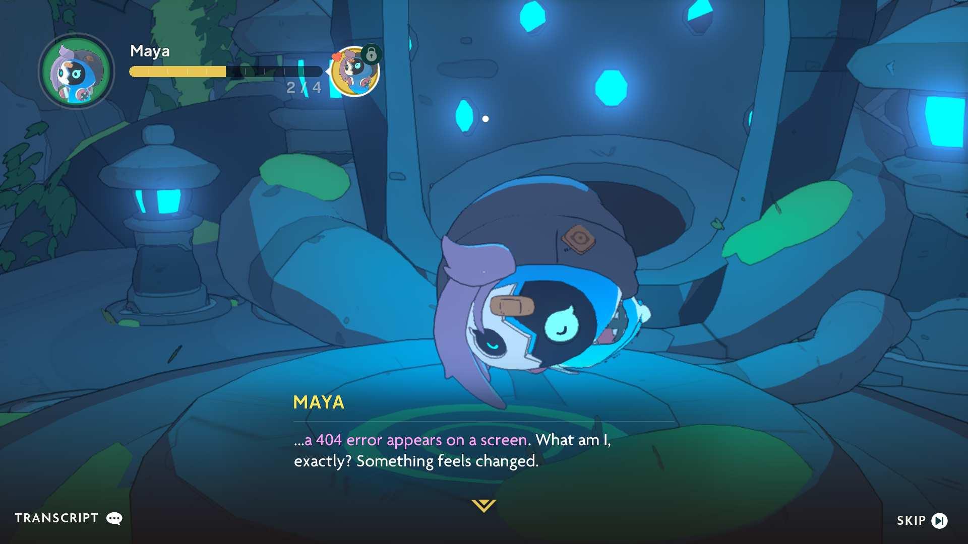 Screenshot from Spirit Crossing; a spirit named MAYA is saying: 
'... a 404 error appears on a screen. What am I,
exactly? Something feels changed.'
