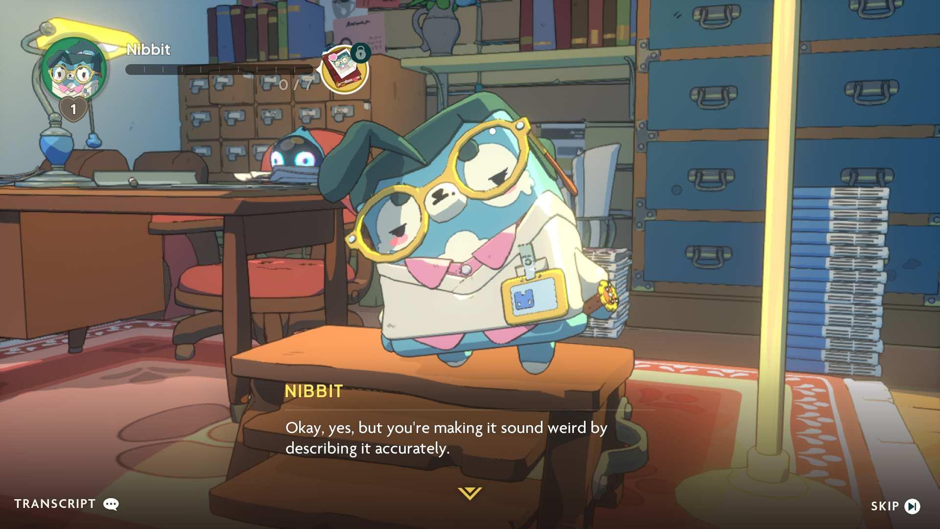 Screenshot from Spirit Crossing: a rectangular bear named NIBBIT says 'Okay, yes, but you're making it sound weird by describing it accurately' 