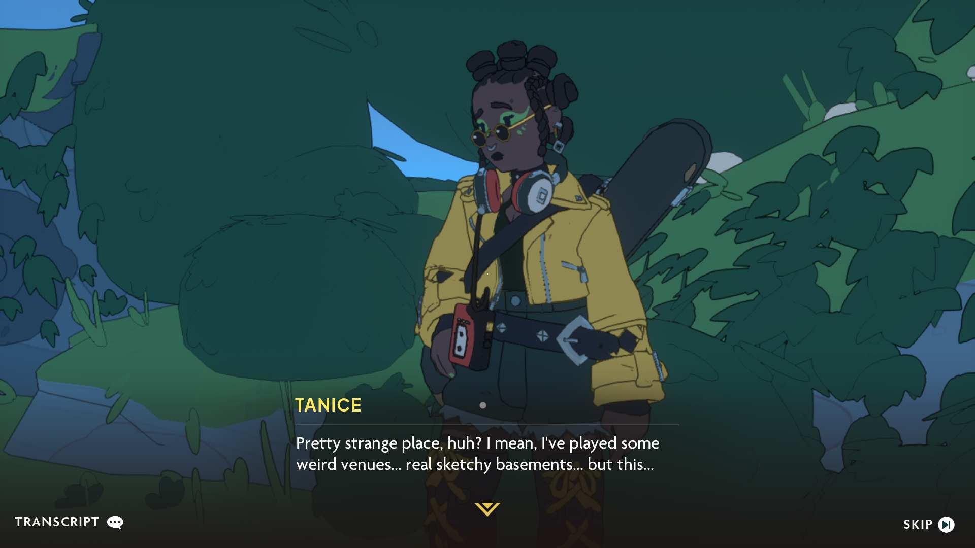 Screenshot from Spirit Crossing: a black woman named Tanice says 'Pretty strange place, huh? I mean, I've played some
weird venues ... real sketchy basements ... but this ...'