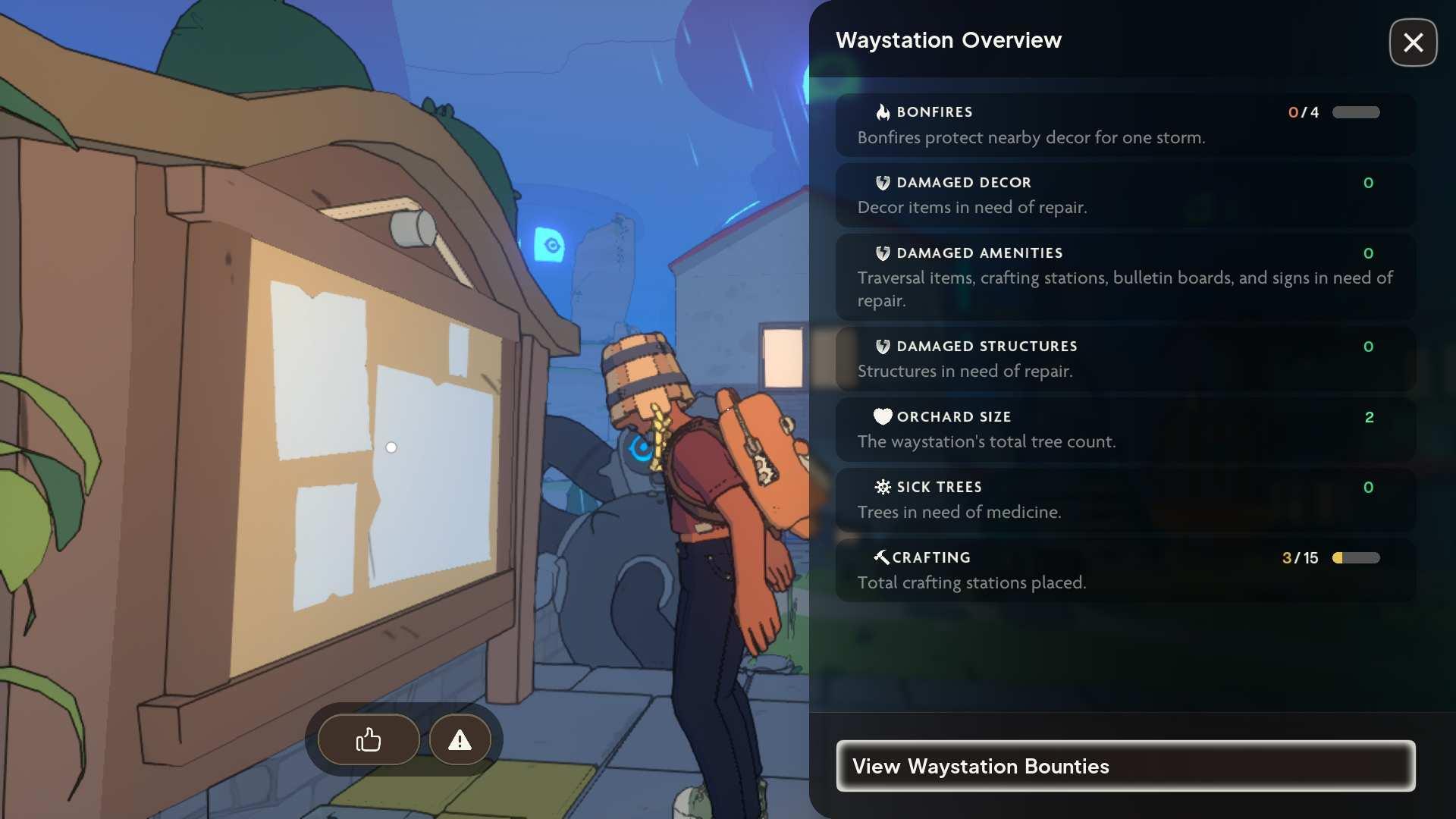 screenshot of the Waystation overview board, showing how many structures are damaged and in need of repair
